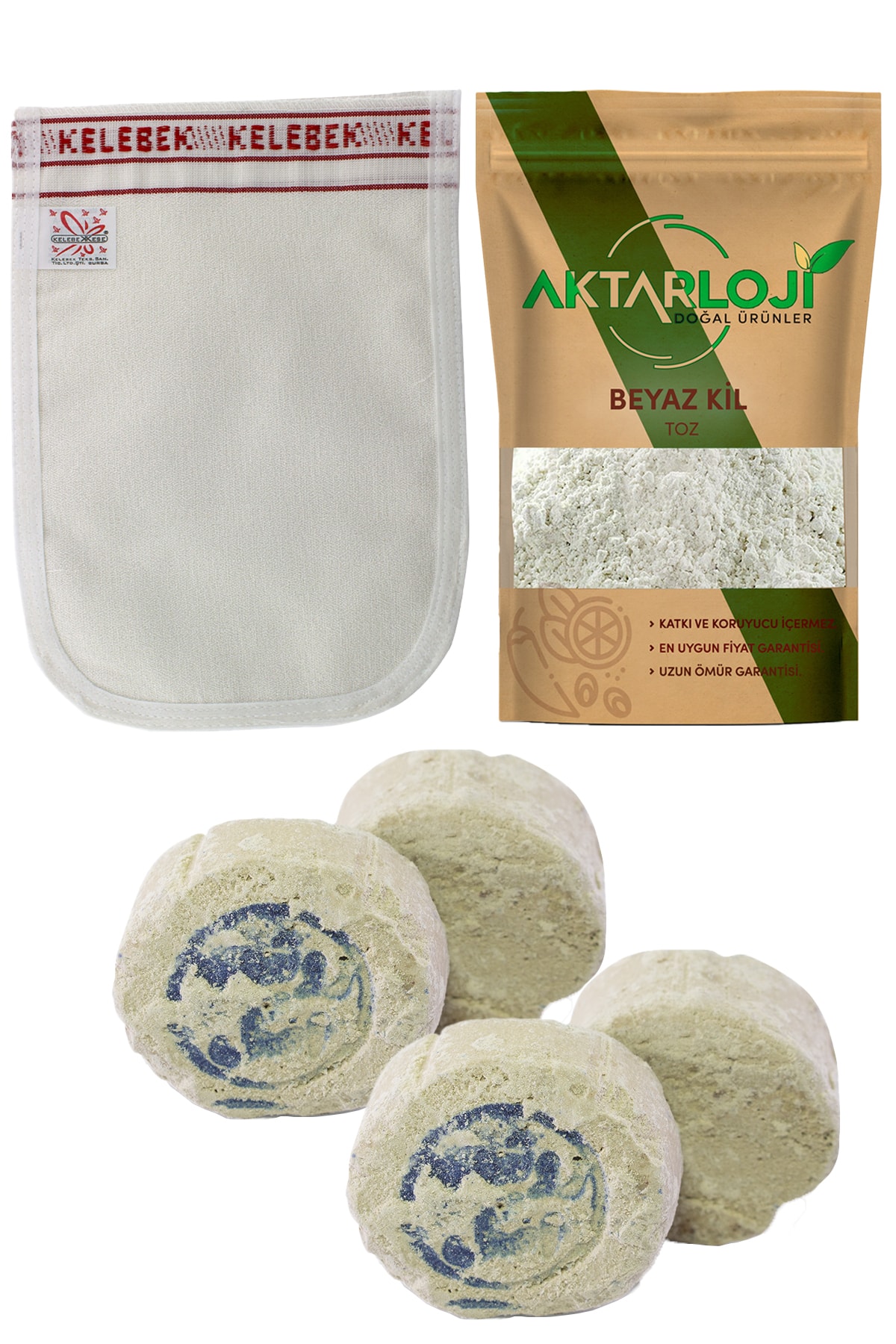 aktarloji 5 Adet Ruşur Taşı + Kalın Banyo Kesesi + 300 Gr Toz Beyaz Kil