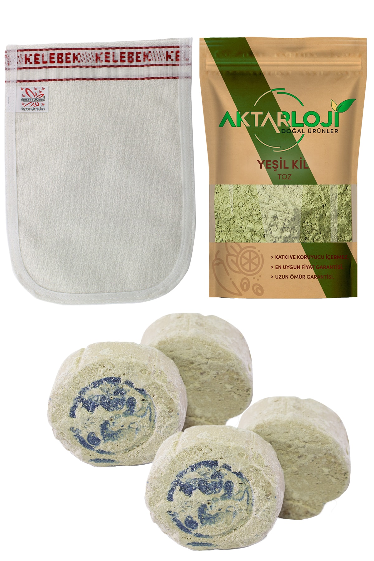 aktarloji 2 Adet Ruşur Taşı + Kalın Banyo Kesesi + 100 Gr Toz Yeşil Kil