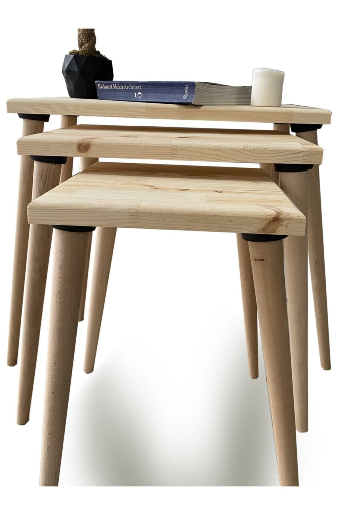 The N Wood Natural 3'lü Masif Zigon Sehpa