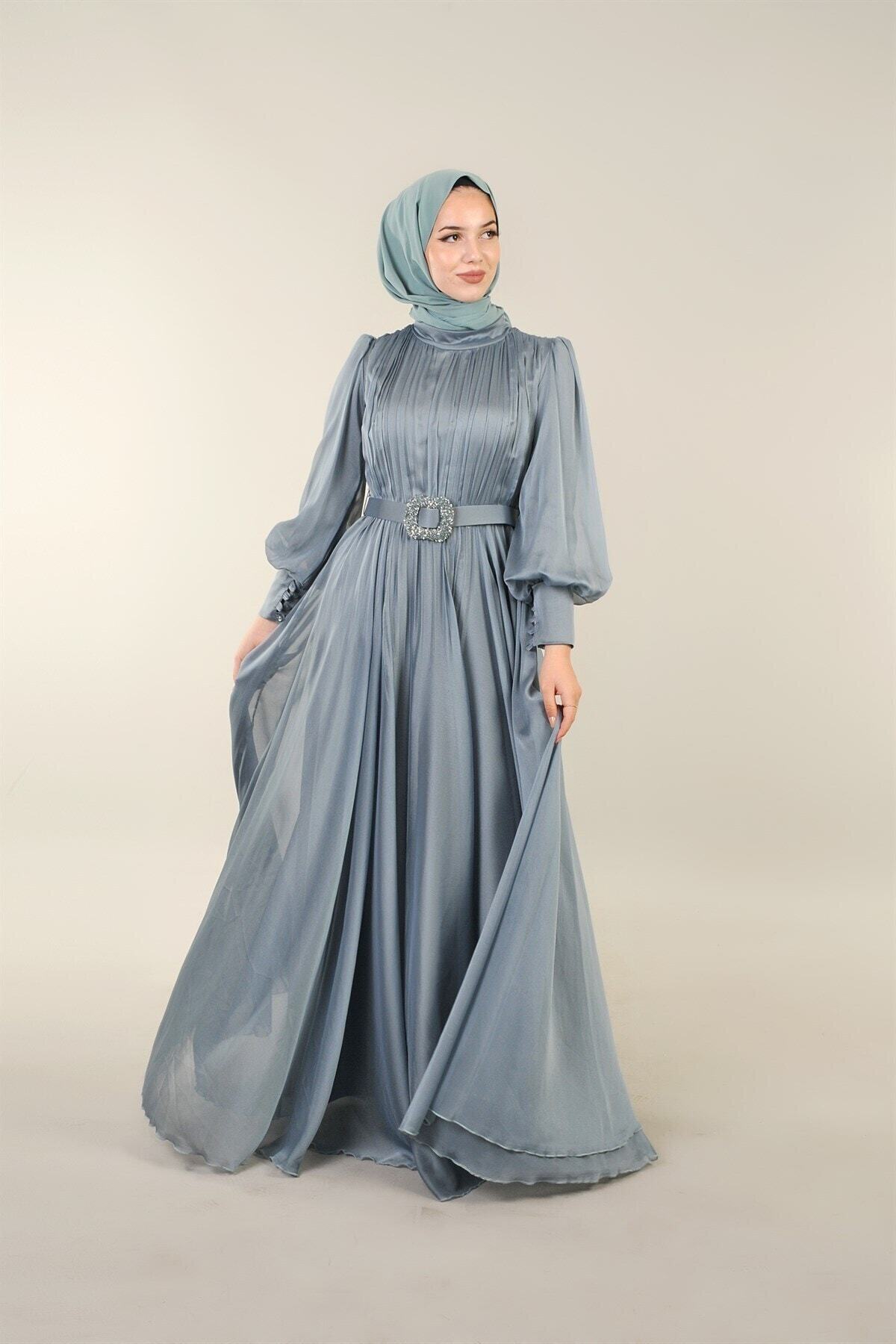 Letta Butik Hennin Mint Kemerli Balon Kol Abiye 4022