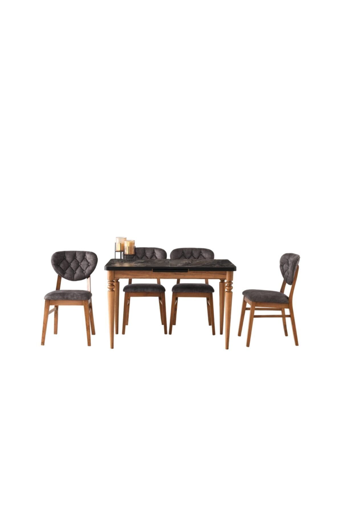 Evistro Ortadan Açılır Ahşap Salon Yemek Masası Ceviz-mermer + 4 Gri Sandalye Takım