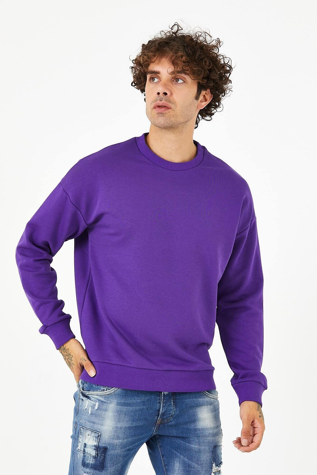 BREEZY Mor Unisex Oversize Düz Renk Sweatshirt Rahat Kesim