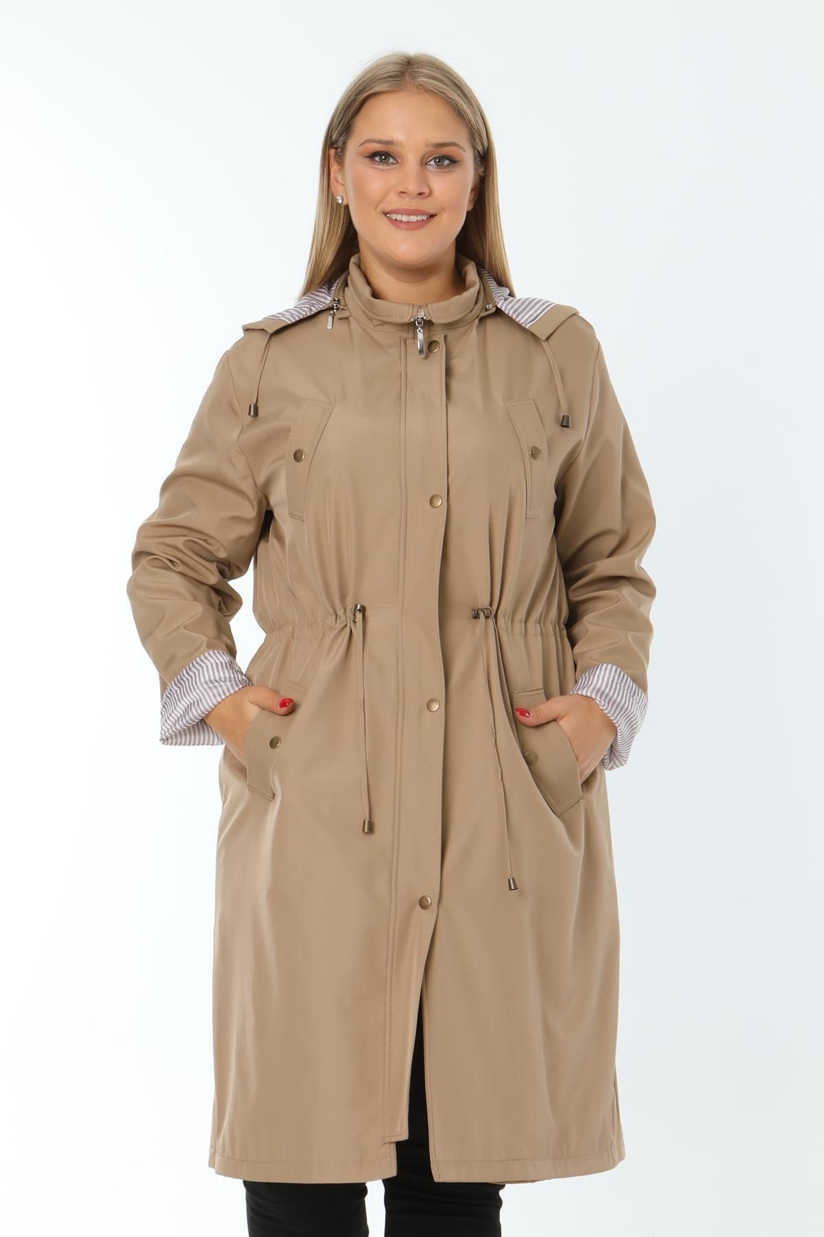 Ladies First Ladıes Fırst Büyük Beden 3680 Vizon Trençkot Fermuarlı Kapüşonlu
