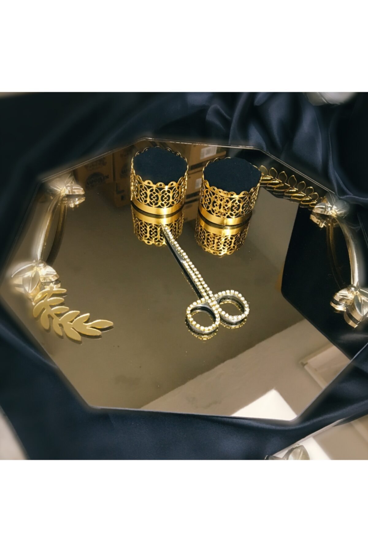 MerHan Party Nişan Tepsisi 8gen Yapraklı Gold