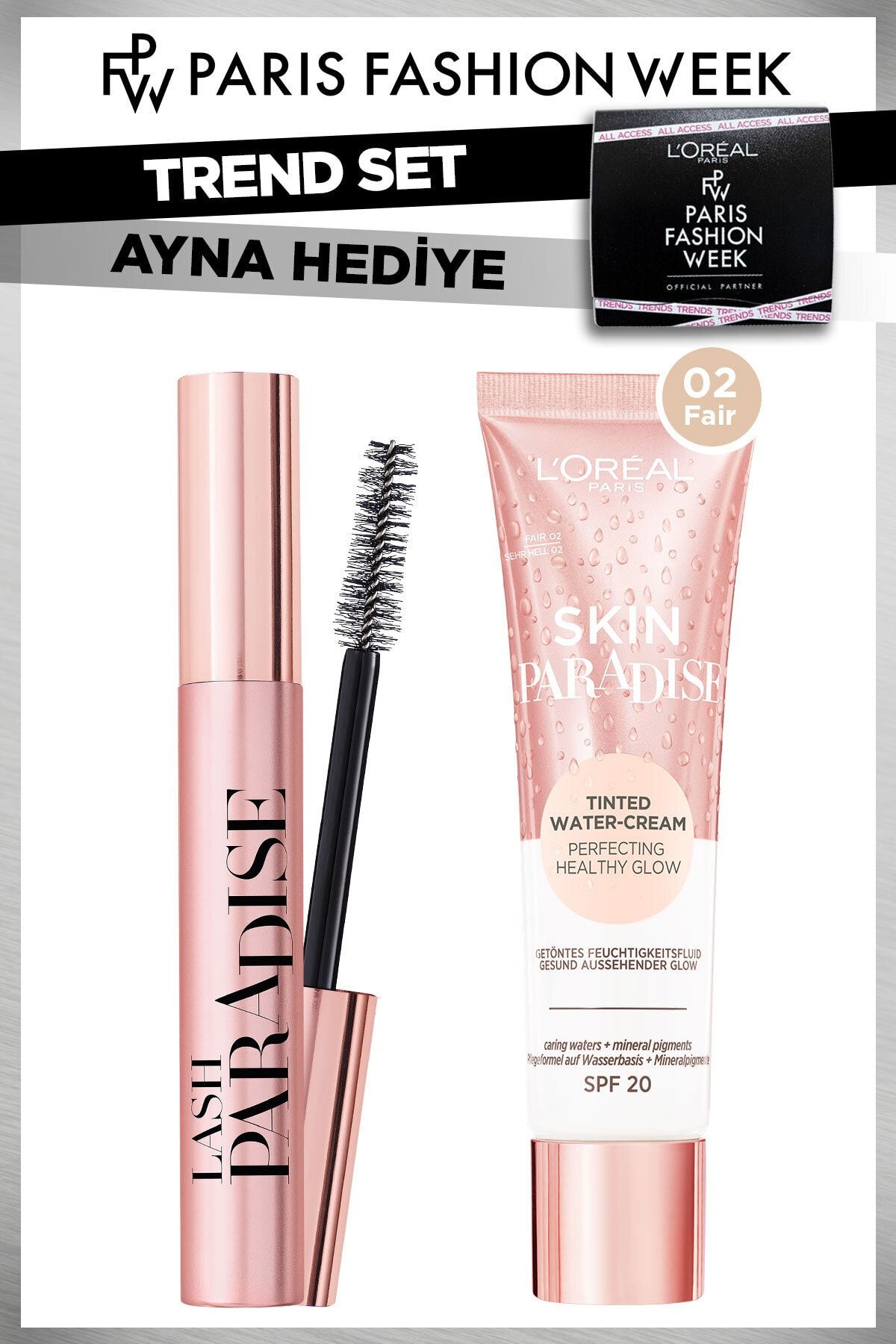 L'Oreal Paris Ayna Hedıyelı Trend Setler-2/ Skin Paradise 02 + Paradise Ekstra Siyah Maskara