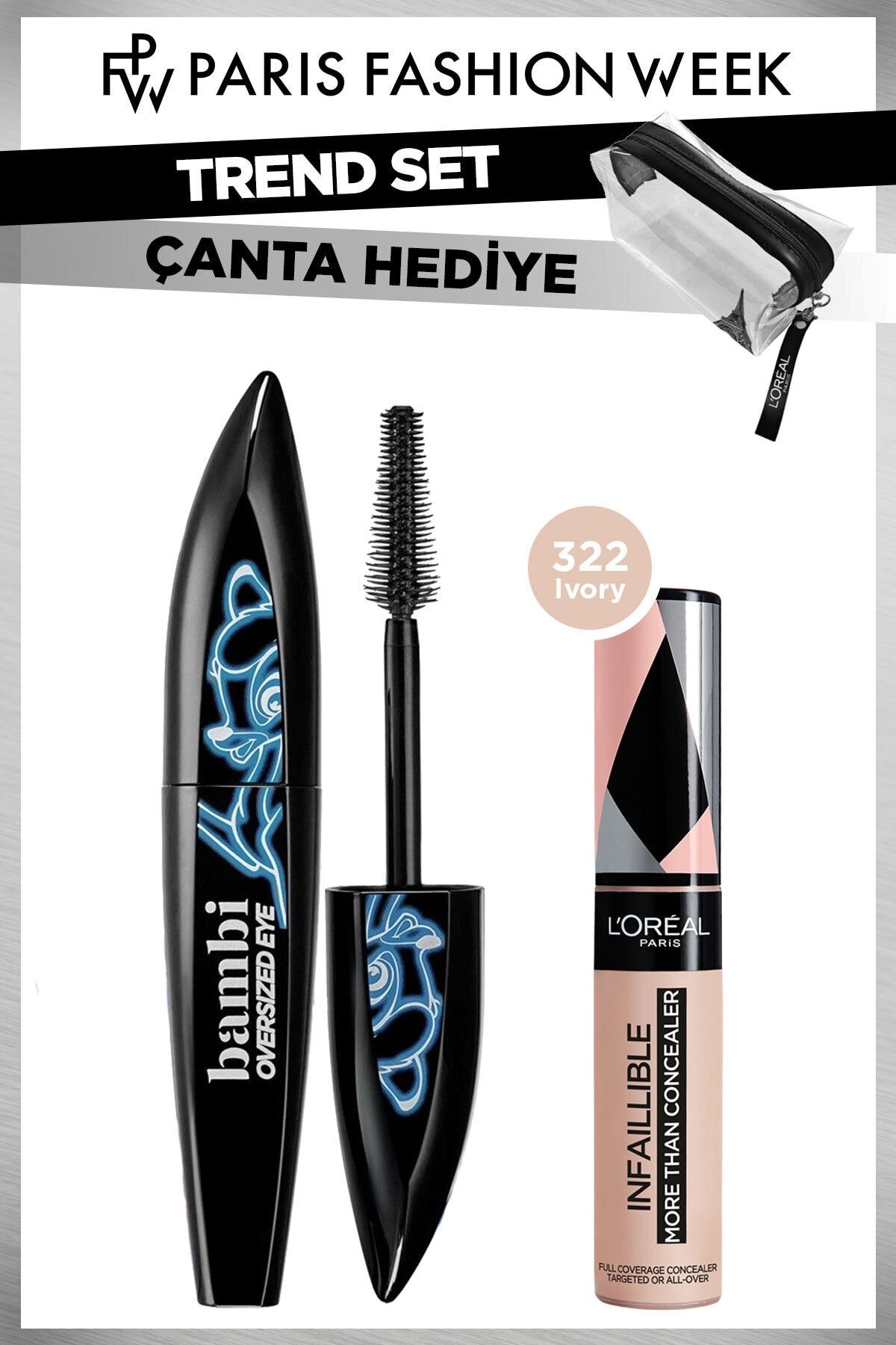L'Oreal Paris Bambi Oversized Eye Maskara & Infaillible Tüm Yüze Uygulanabilir Kapatıcı 322 Ivory & Çanta