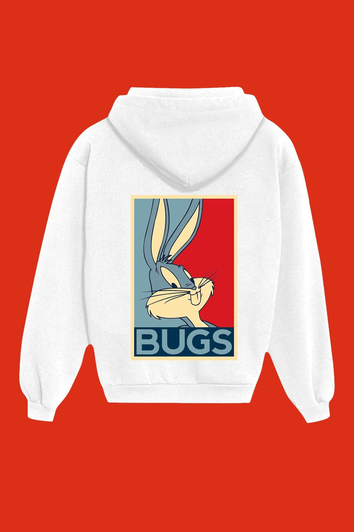 IvırZıvır Unisex Beyaz Bugs Bunny Sırt Baskılı Sweatshirt