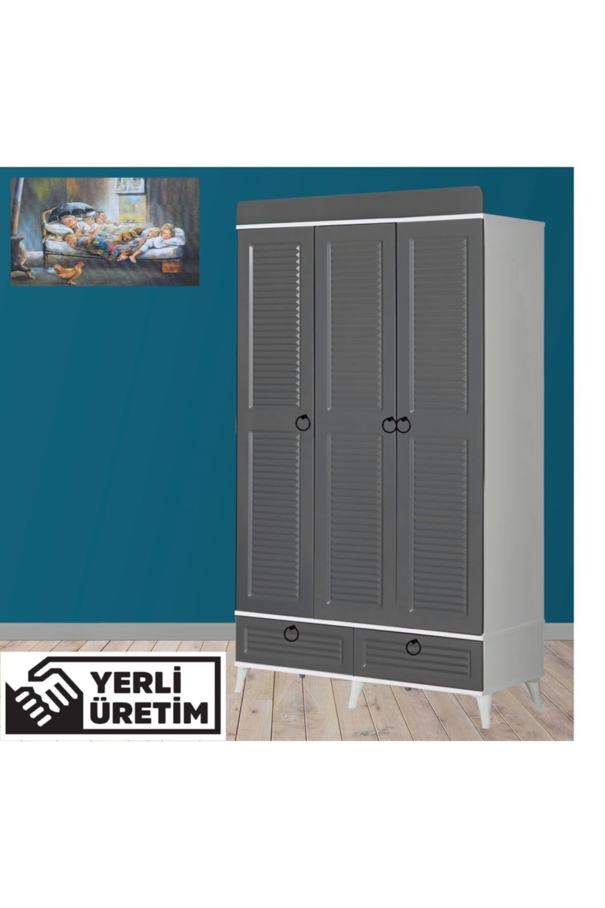 MAKİLİ MOBİLYA 2680 Batuhan 3 Kapılı Gardrop Beyaz Kabin Gri Mebran Kapak