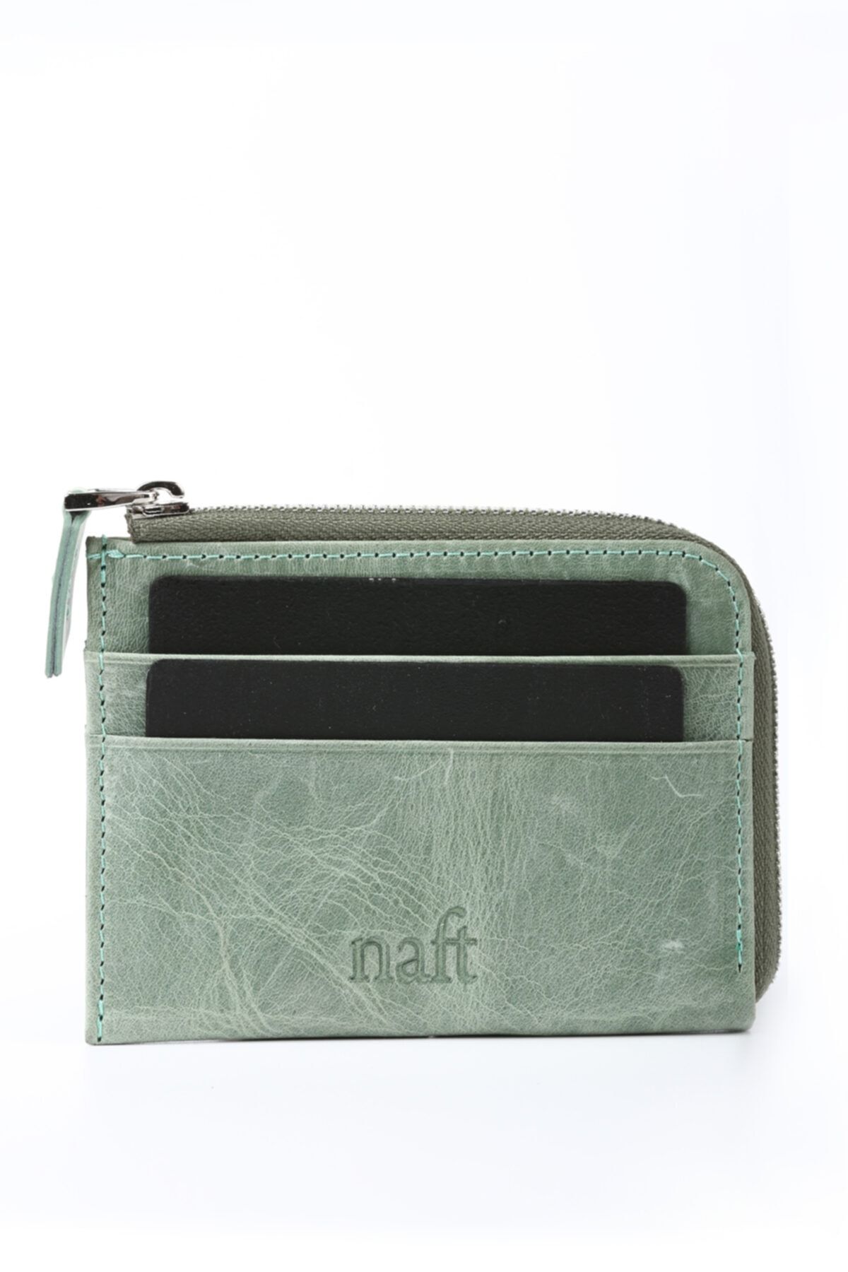 naft Zipper - Gerçek Deri - Fermuarlı - Özel Tasarım Kartlık  Cüzdan - Antik Su Yeşili