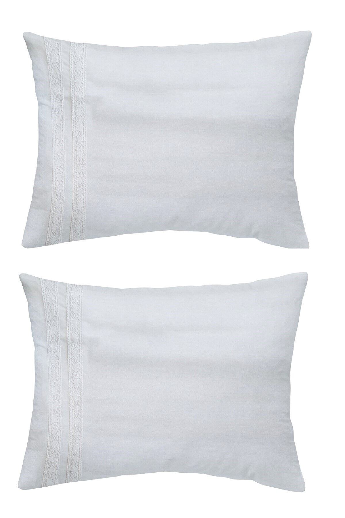 makiteks Krem Pamuklu Dantelli Yastık Kılıfı 2 Adet 50x70