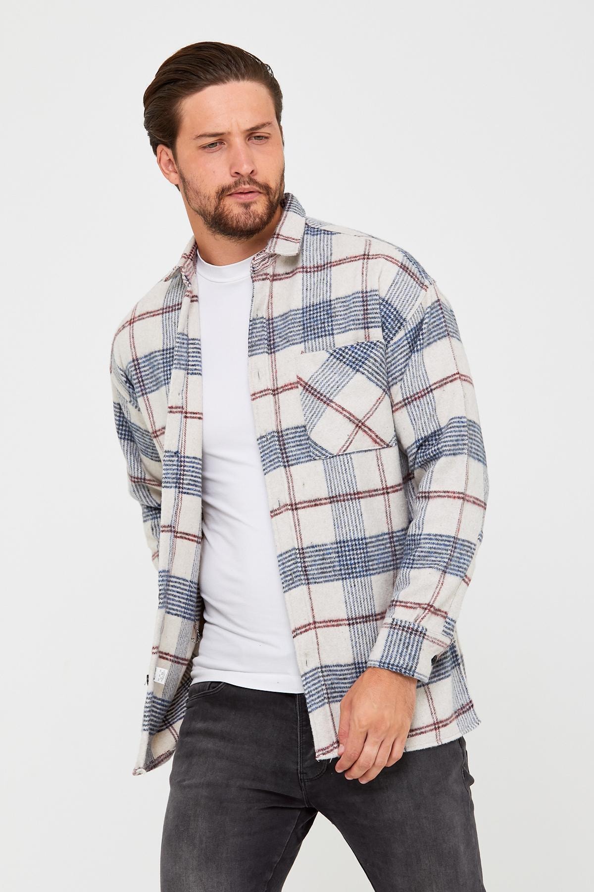 Enuygunenmoda Erkek Slim Fit Tek Cep Kareli Hakiki Oduncu Gömleği Mavi