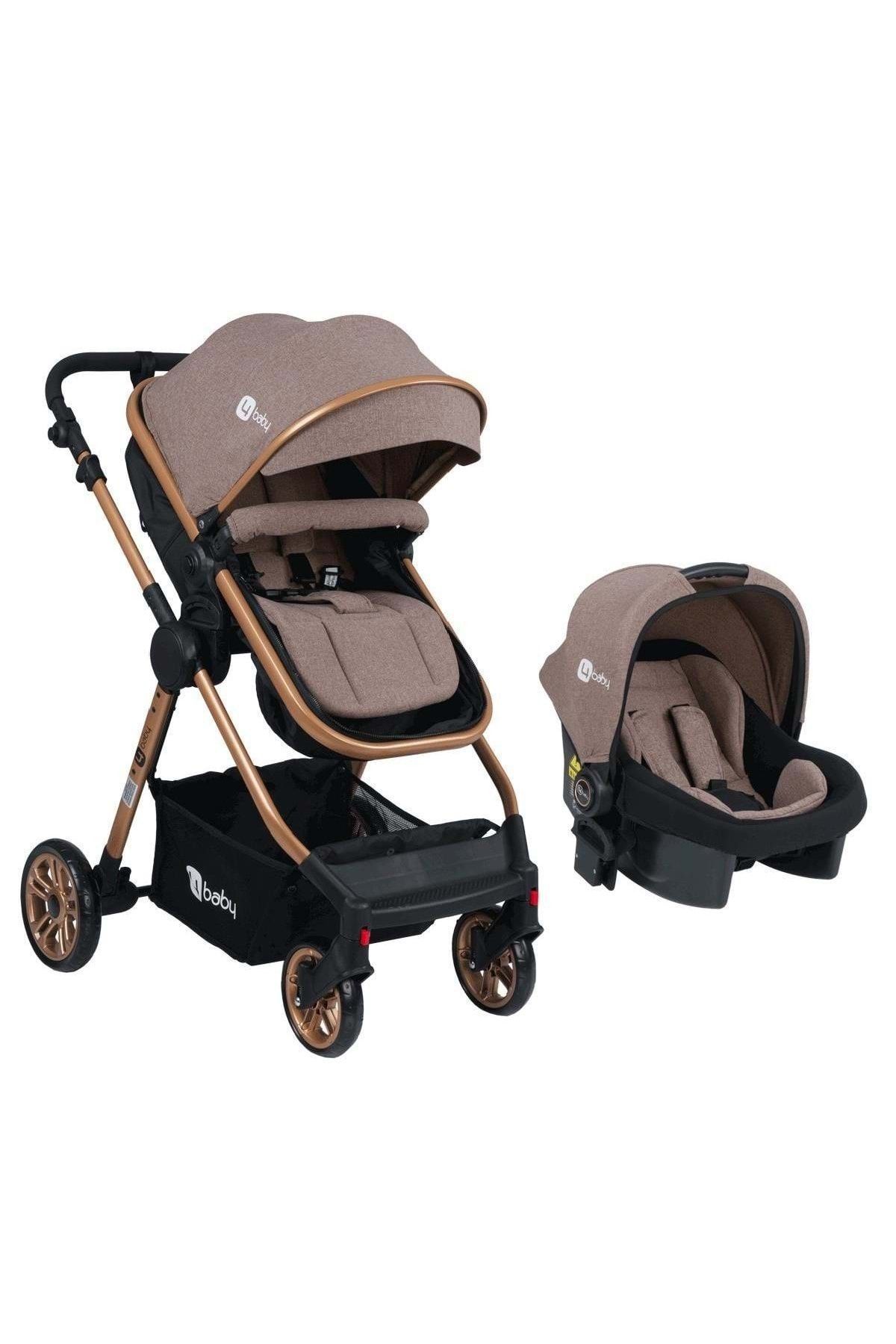 Baby Four Gold Travel Sistem Pusetli Bebek Arabası Keten Kumaş Kahverengi