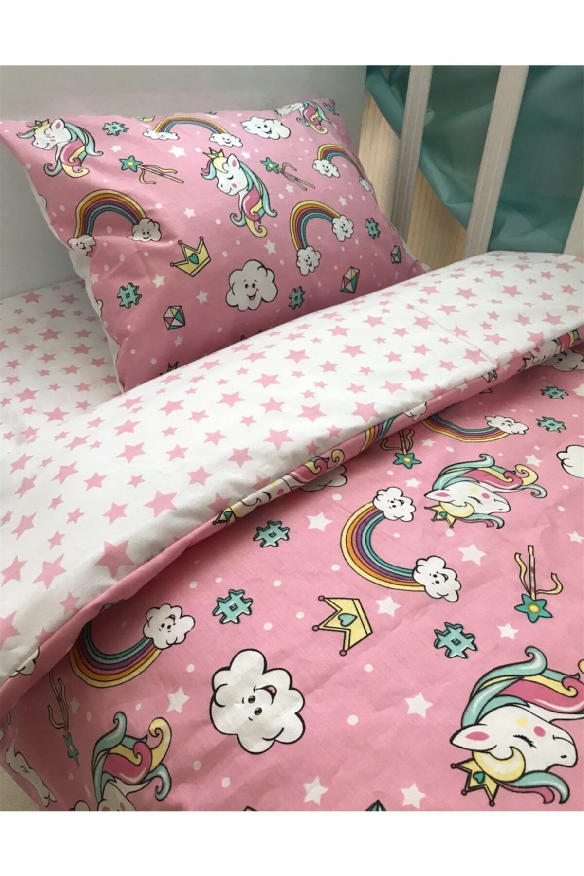 Bebek Özel %100 Pamuk Çocuk 100x200 Montessori Yastık Çarşaf Yorgan Pembe Unicorn