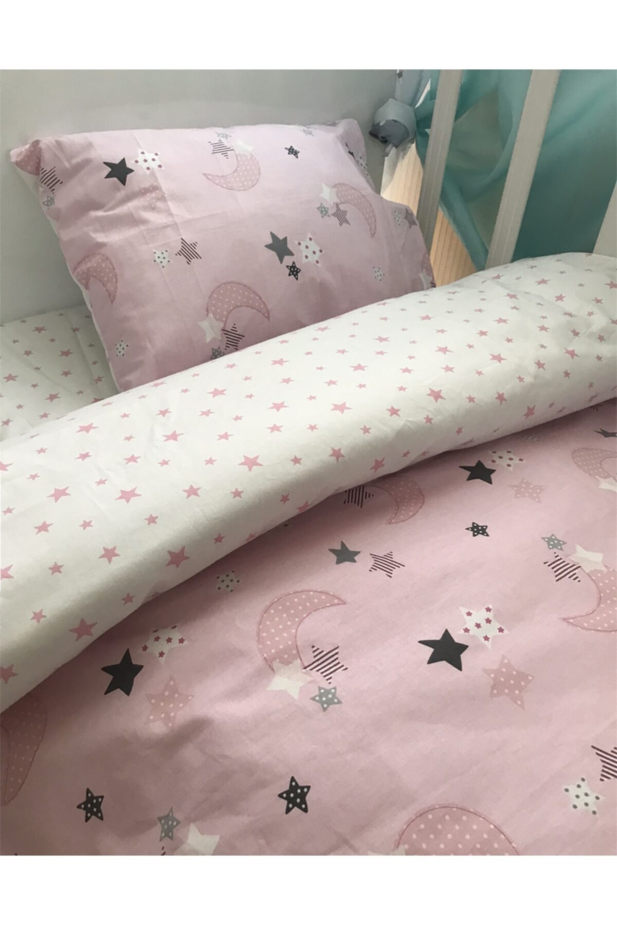 Bebek Özel %100 Pamuk Çocuk Yastık Çarşaf Yorgan Seti Pembe Ay Yıldız 120x200 Montessori