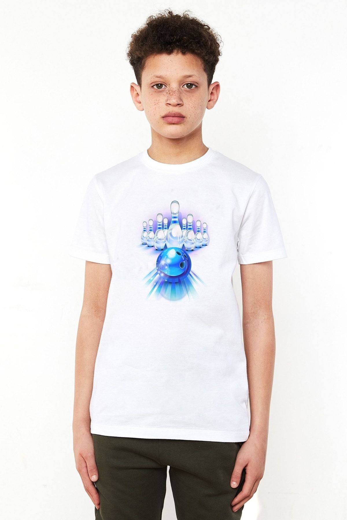 QIVI Unisex Çocuk Beyaz Bowling Topu Baskılı T-shirt