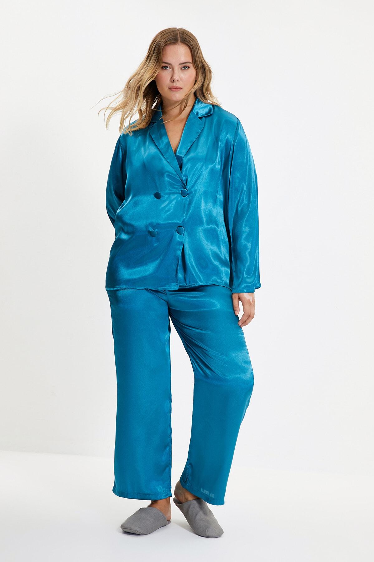TRENDYOLMİLLA Petrol Saten Pijama Takımı THMAW21PT0026