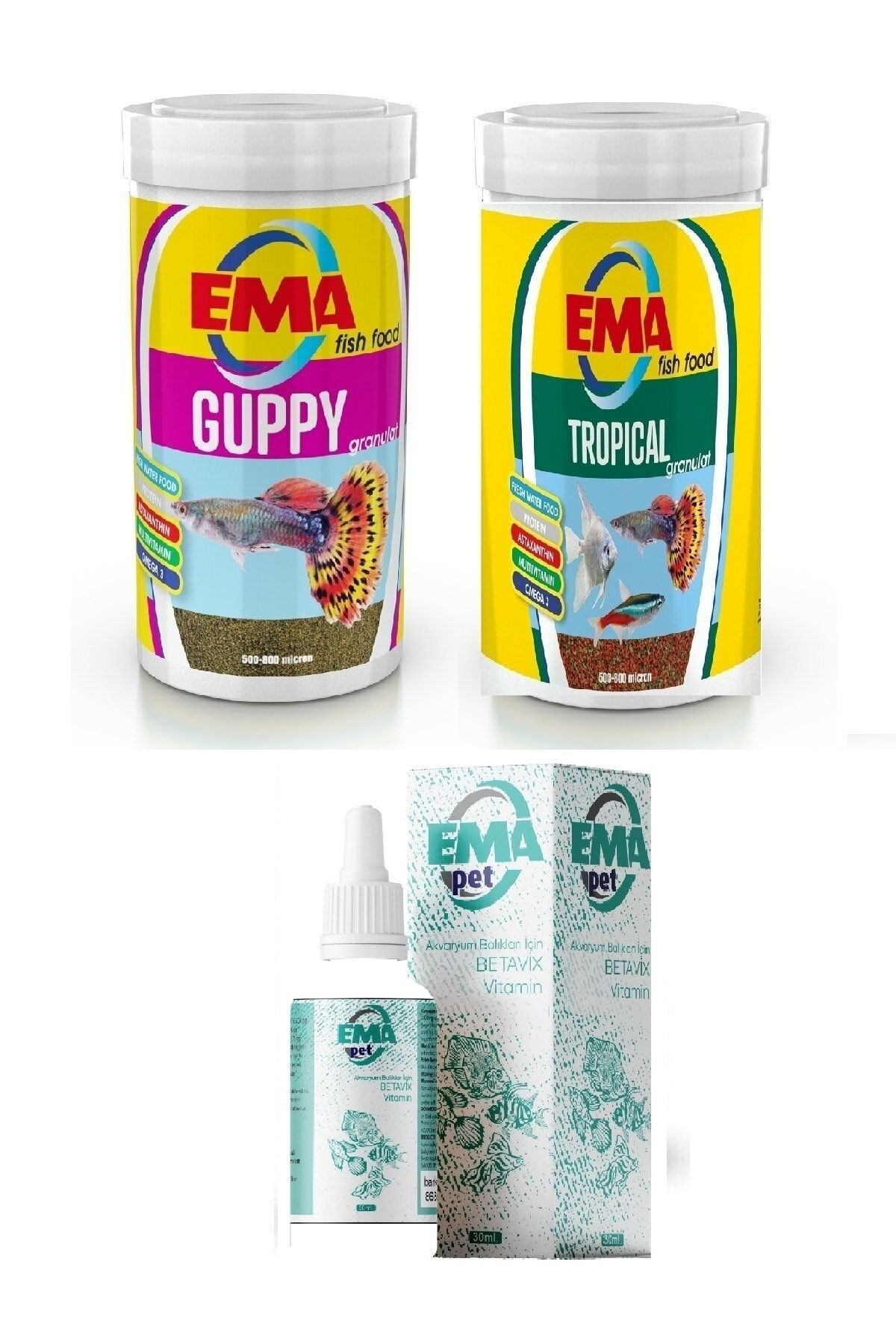 ARMATÜRK Tropikal, Lepistes Yem, Vitamin Seti, 100 Ml Guppy, 100 Ml Tropical Granulat, Vitamin