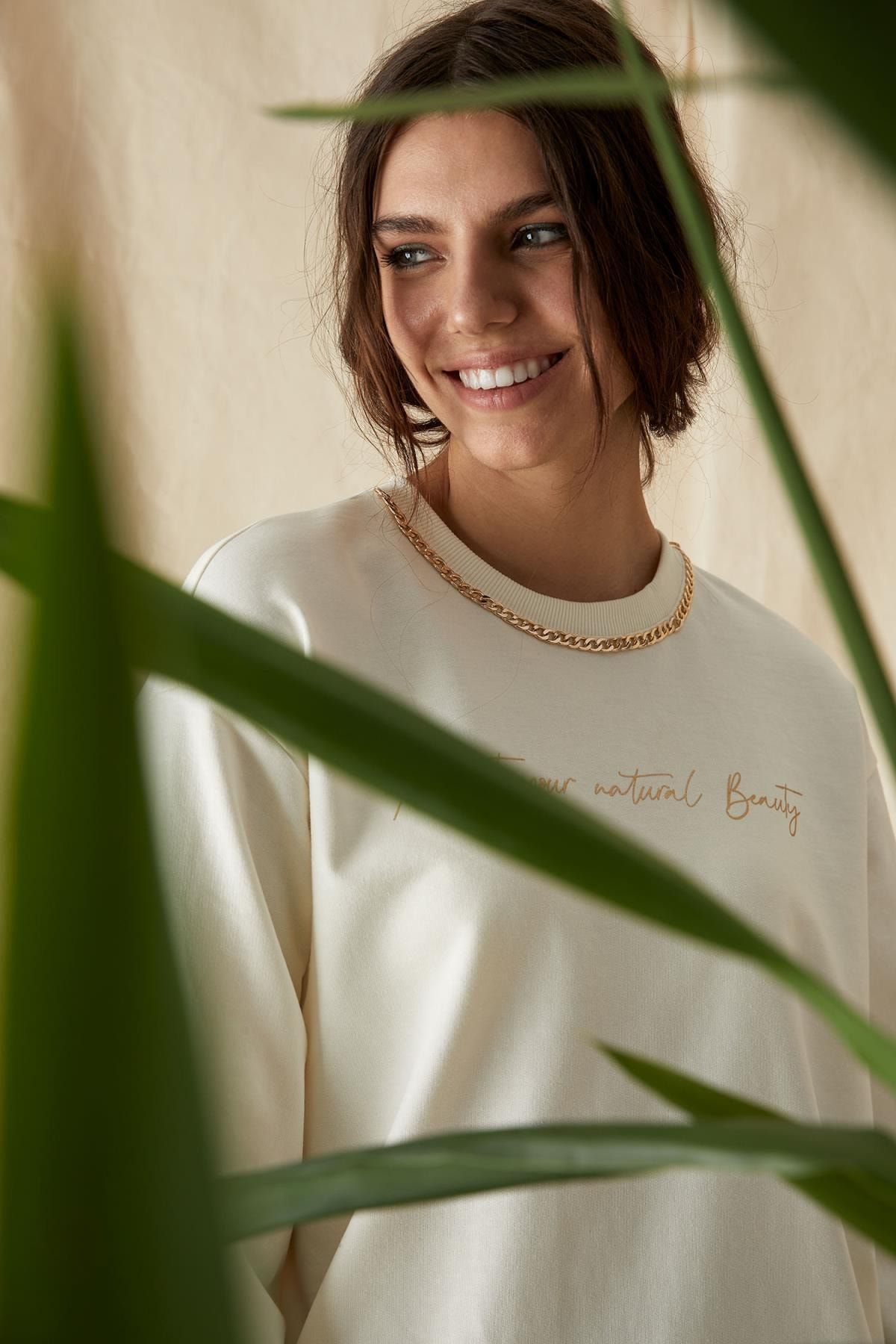 DeFacto Zincir Detaylı Yazı Baskılı Relax Fit Sweat Tunik