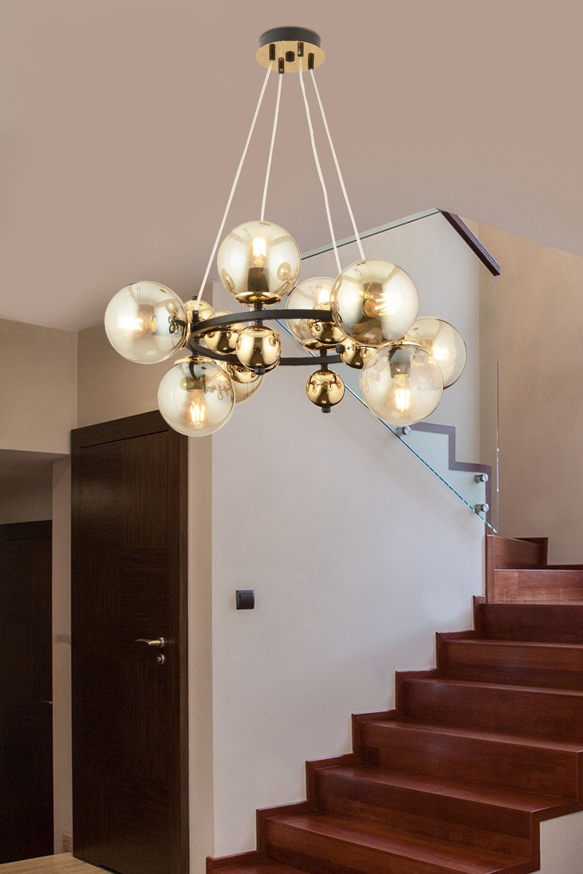 Apliqa Lorento 8li Yuvarlak Siyah Gold Bal Camlı Modern Salon Avize