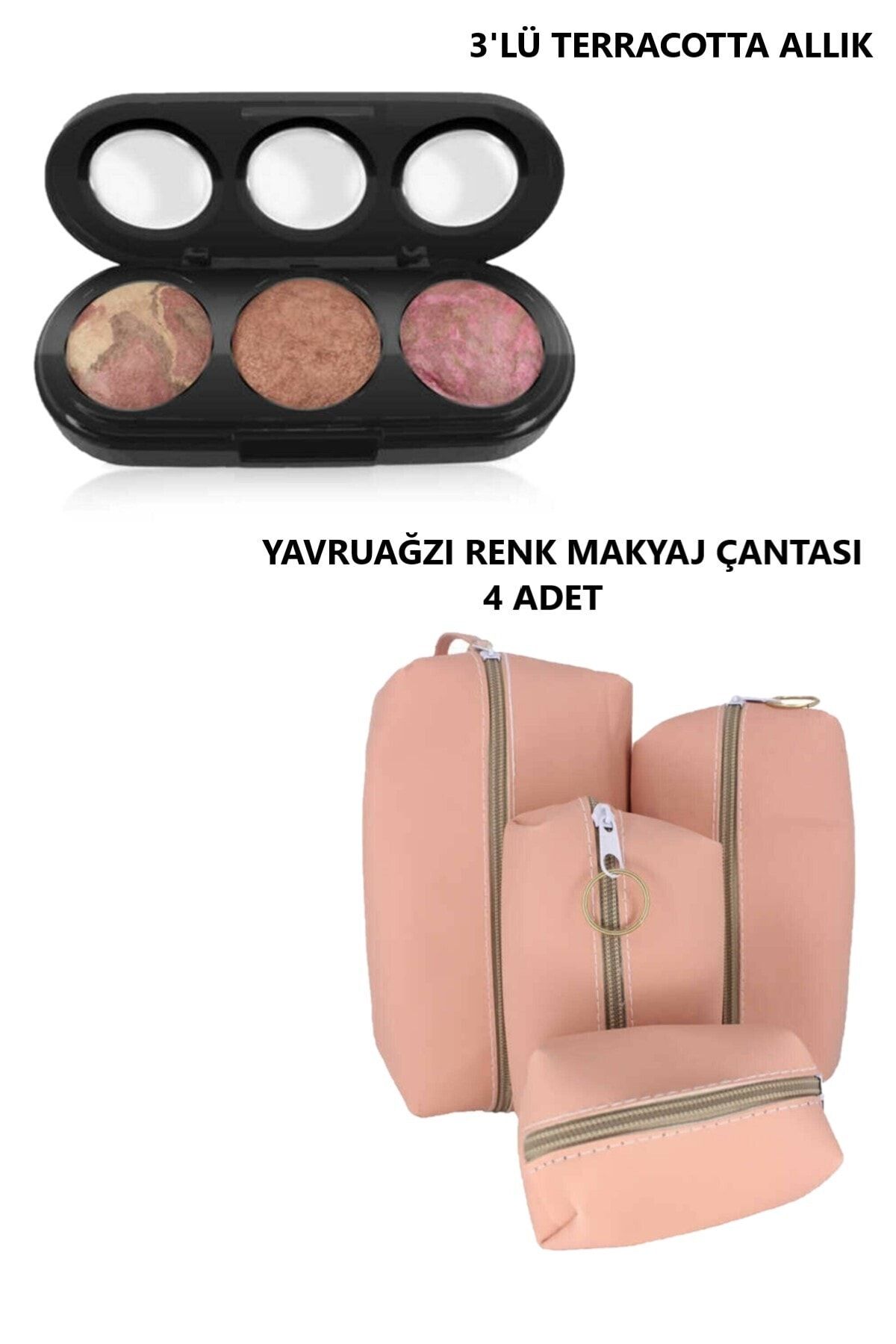 Lavider 3'lü Terracotta Allık -yavruağzı Renk Makyaj Çantası 4’lü Çanta
