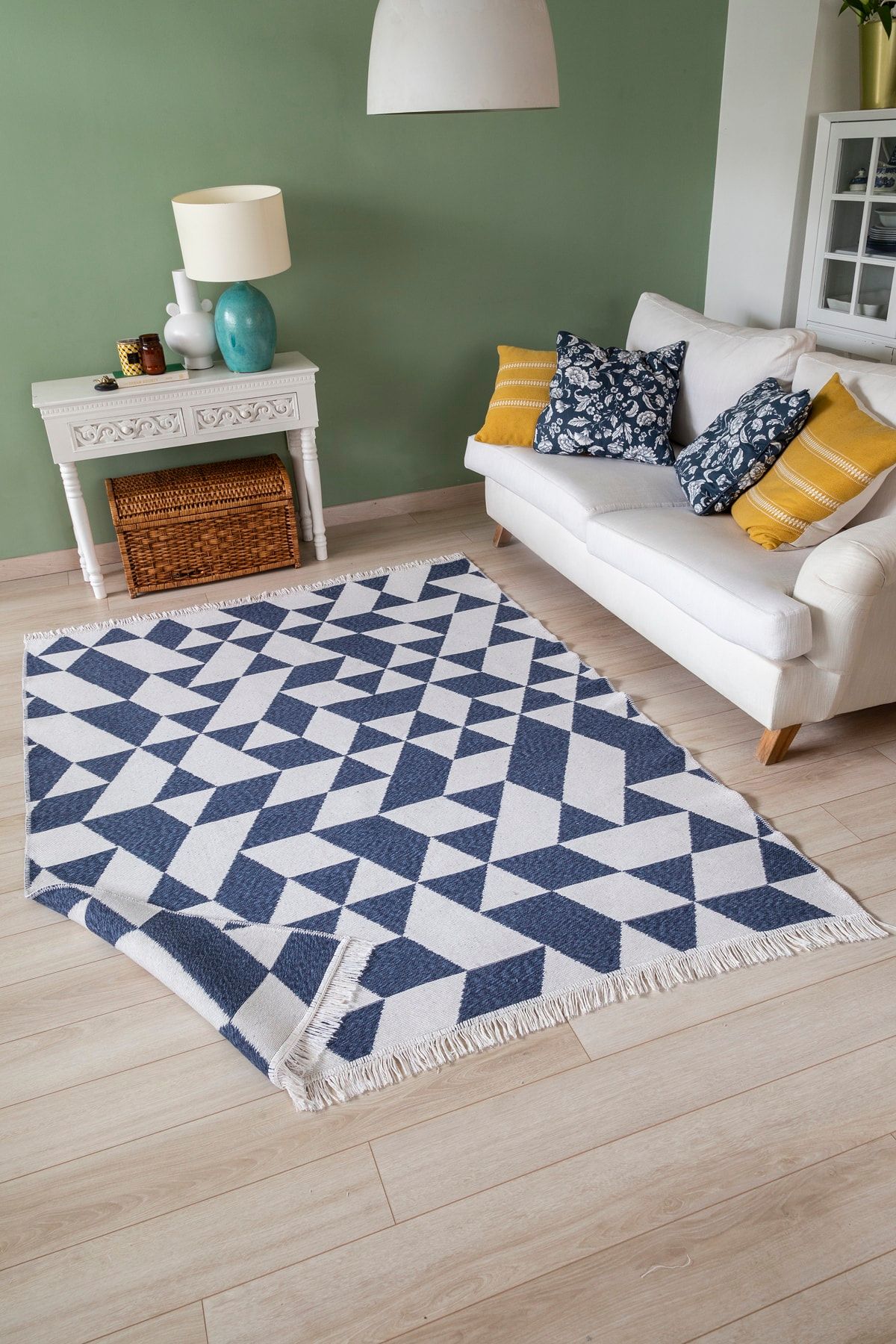 Koza Halı Duo Beyaz Mavi Çift Taraflı Yıkanabilir Dokuma Kilim 22992A