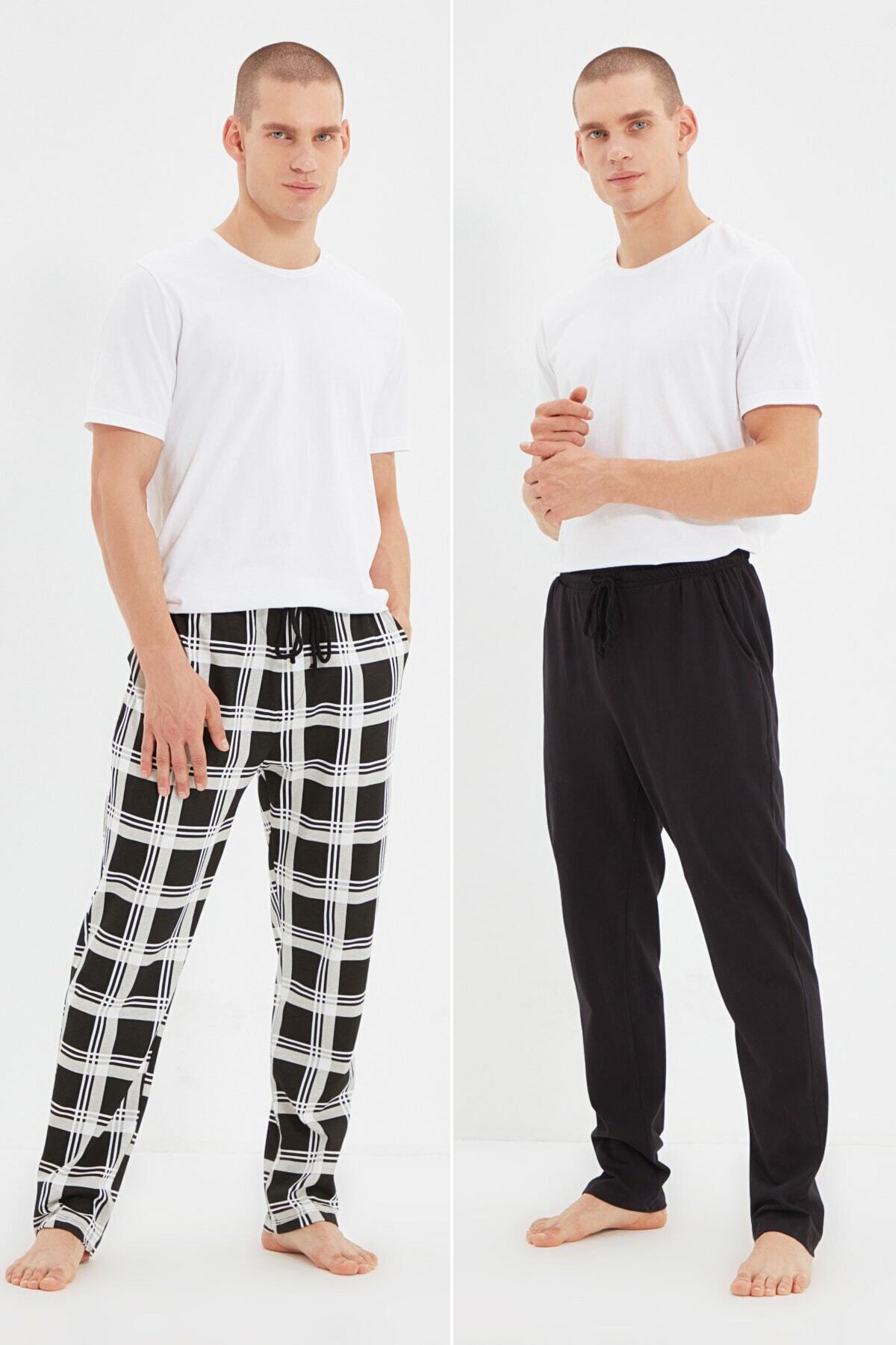 TRENDYOL MAN Siyah Erkek Regular Fit Ekose & Düz 2' li Paket Pijama Altı TMNAW22PJ0019