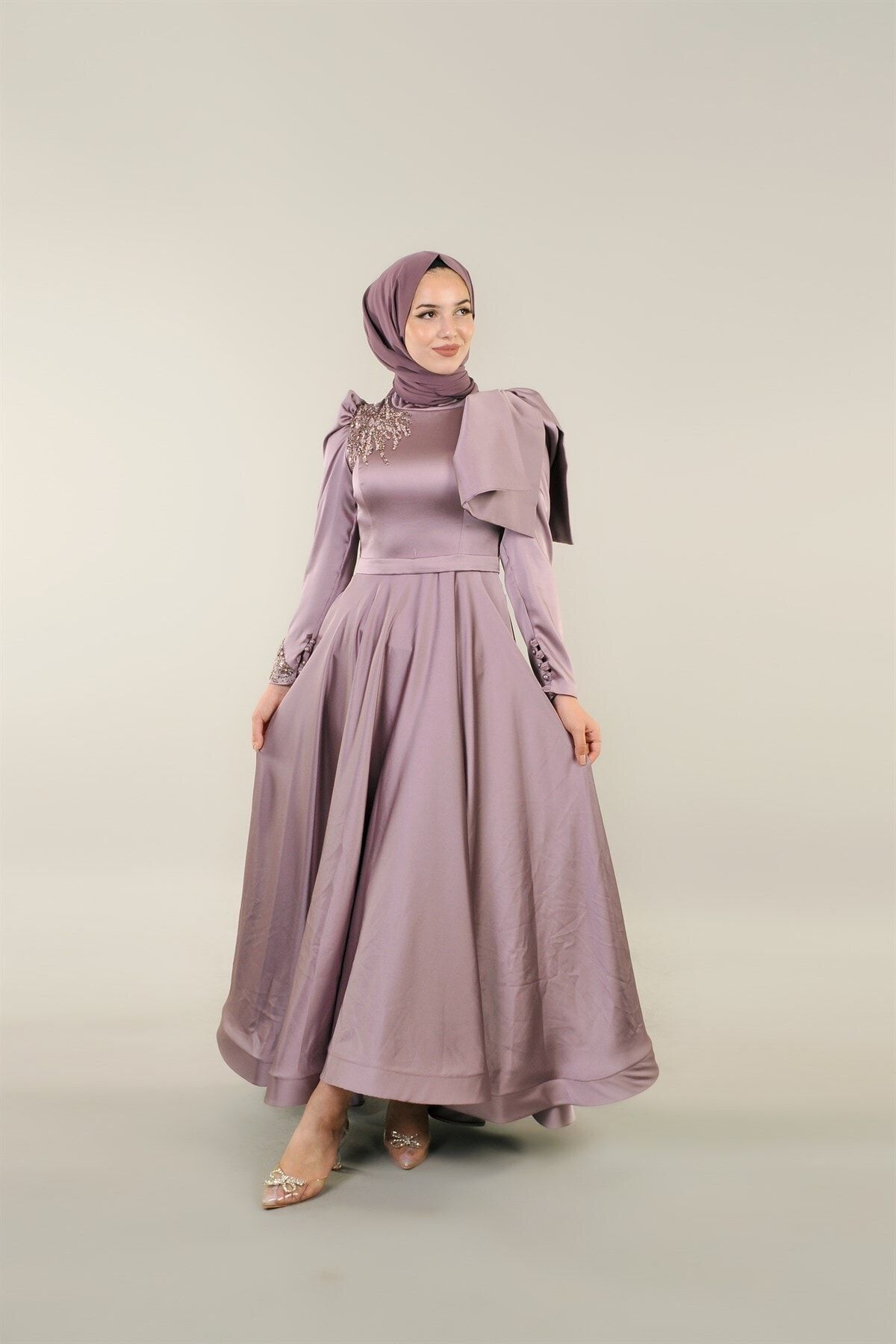 Letta Butik Hennin Lila Taş İşlemeli Saten Tesettür Abiye 4329
