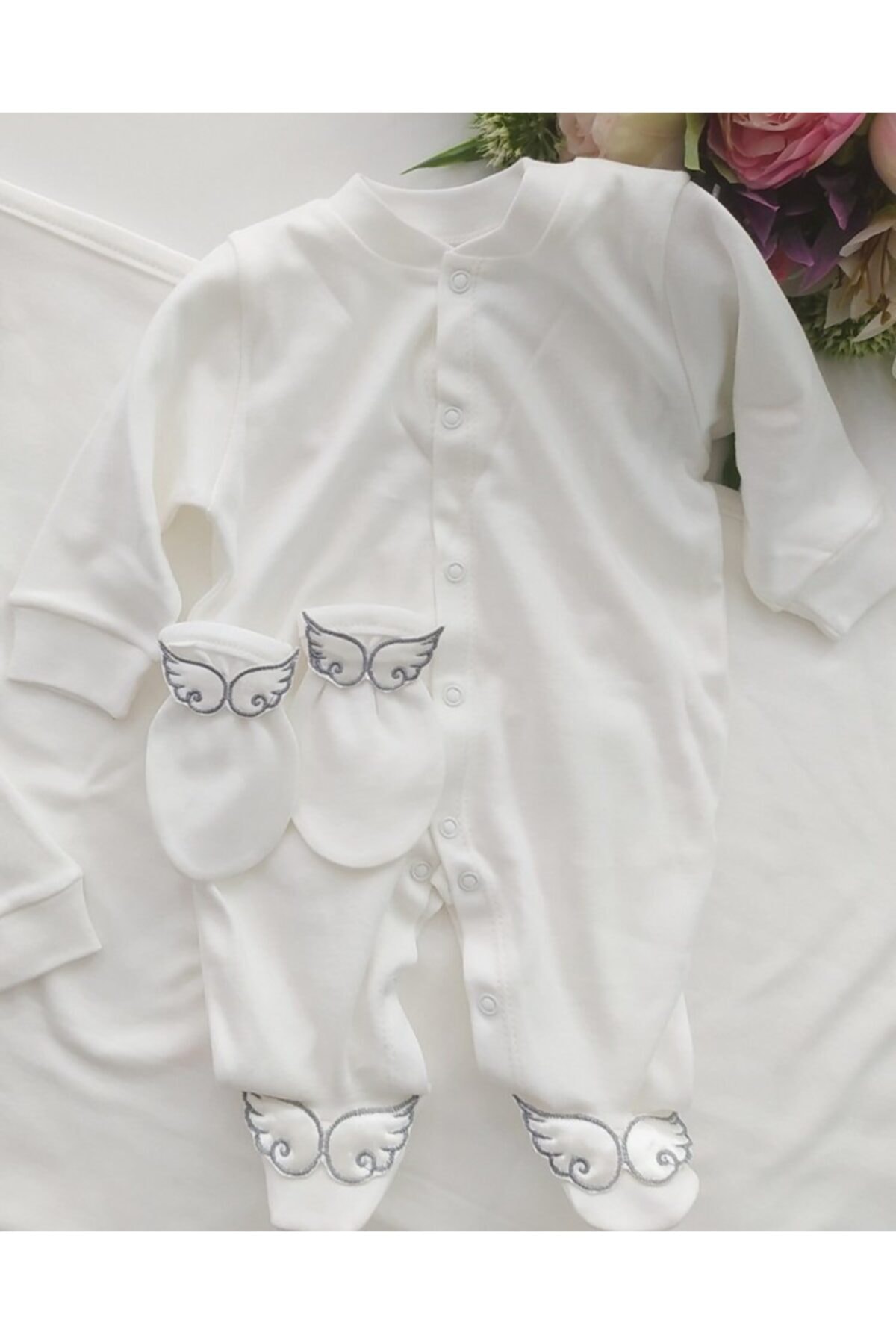 Beyaz Gelincik Tasarım Unisex Bebek Tulum Battaniye Seti