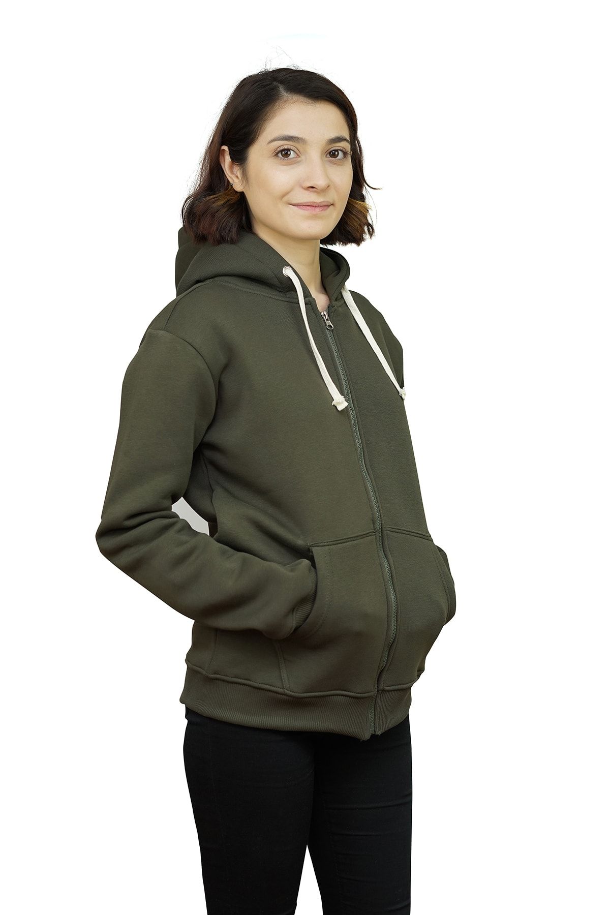 OG Casual Kadın Haki Fermuarlı Kapüşonlu Sweatshirt