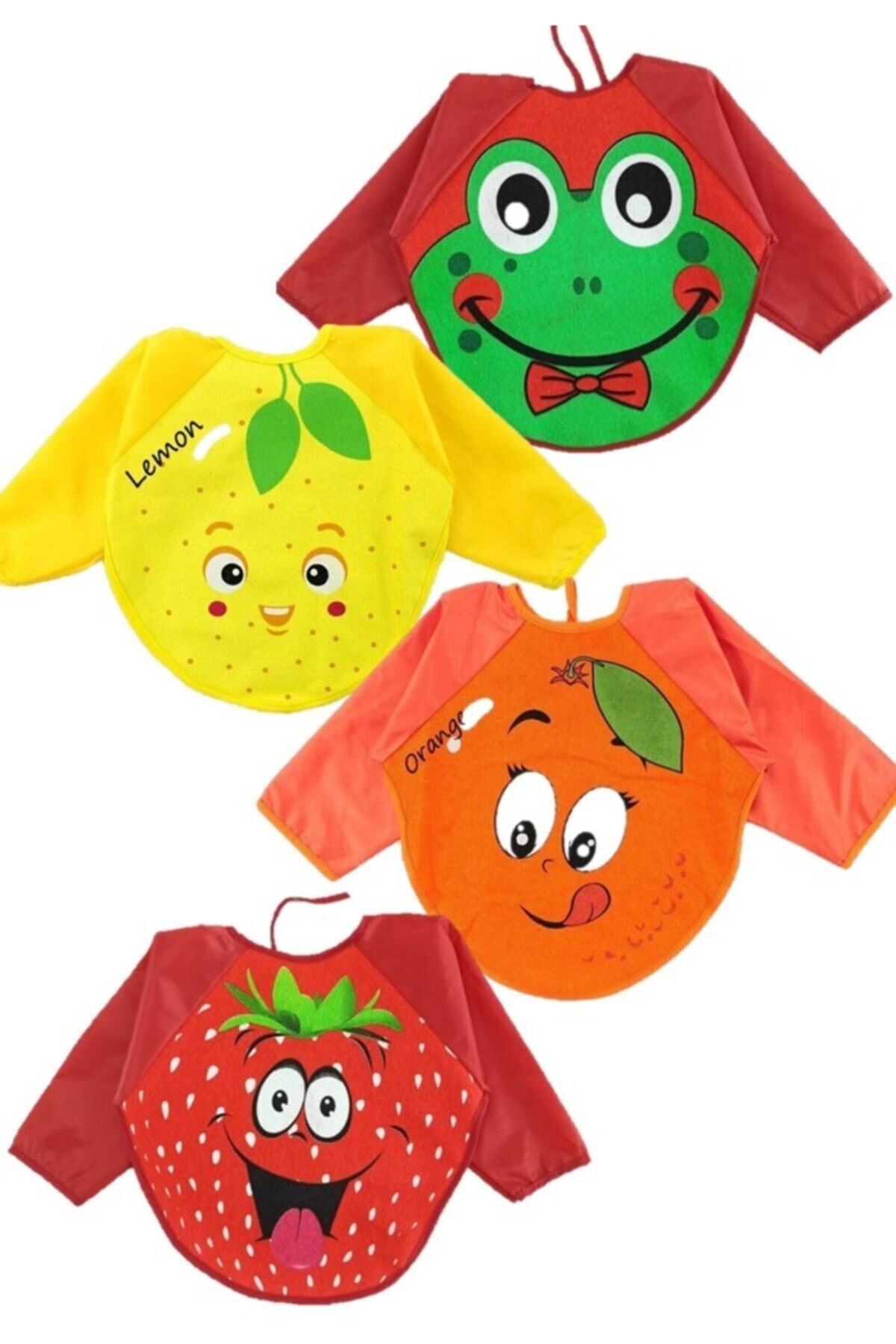 BuBeBeM Kurbağa Limon Portakal ve Çilek Motifli Kollu Mama Önlüğü