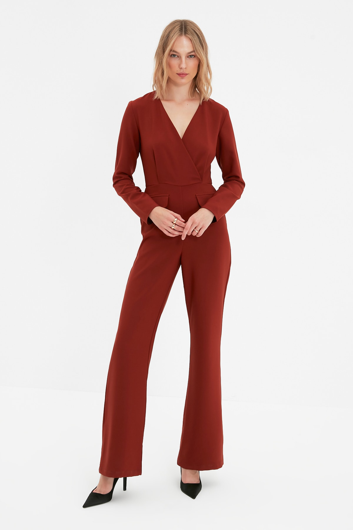 TRENDYOLMİLLA Kahverengi Tall Kruvaze Yaka Tulum TWOAW22TU0068