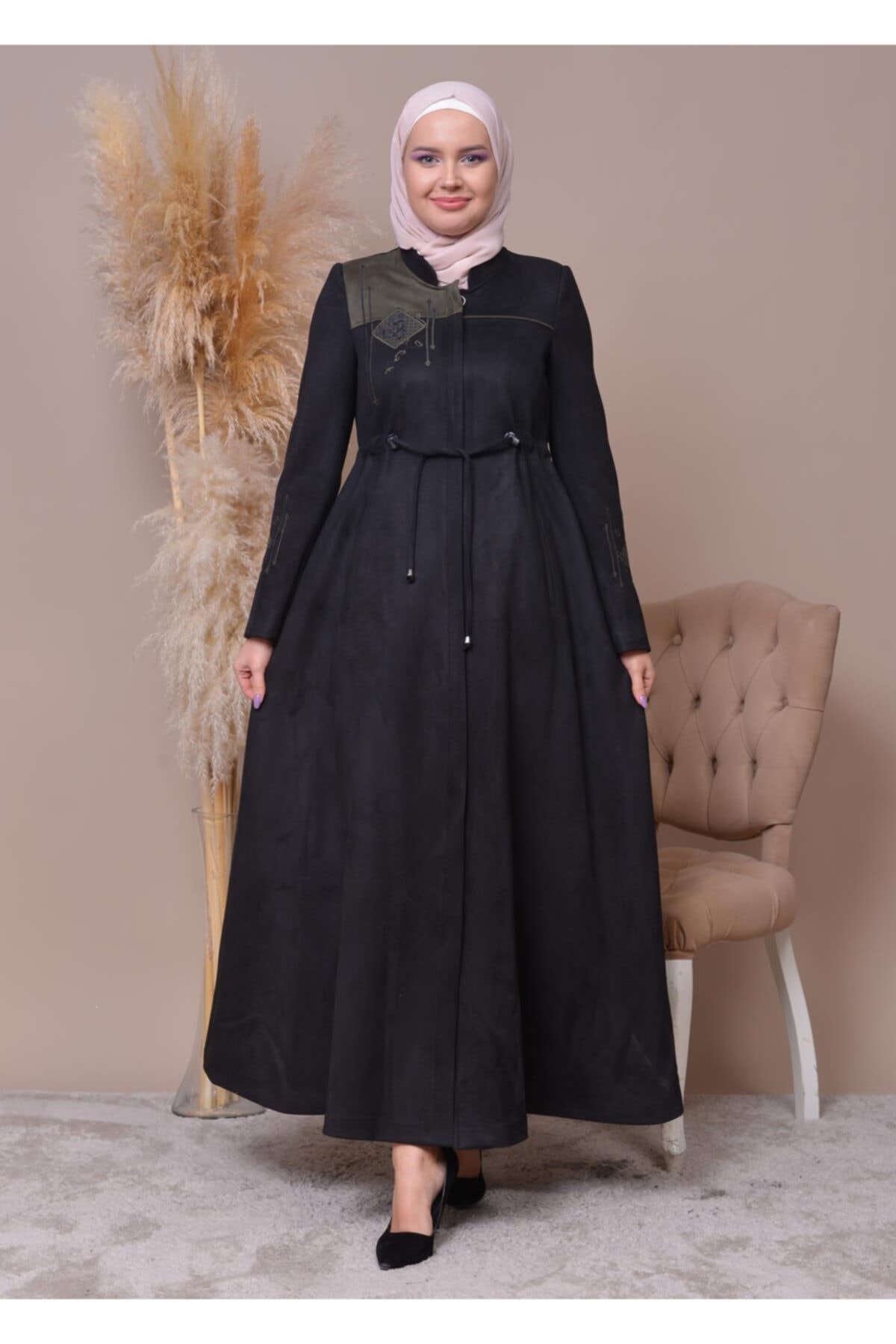 SHEHBA Modamix Kadın Nakışlı Fermuarlı Süet Ferace 4314