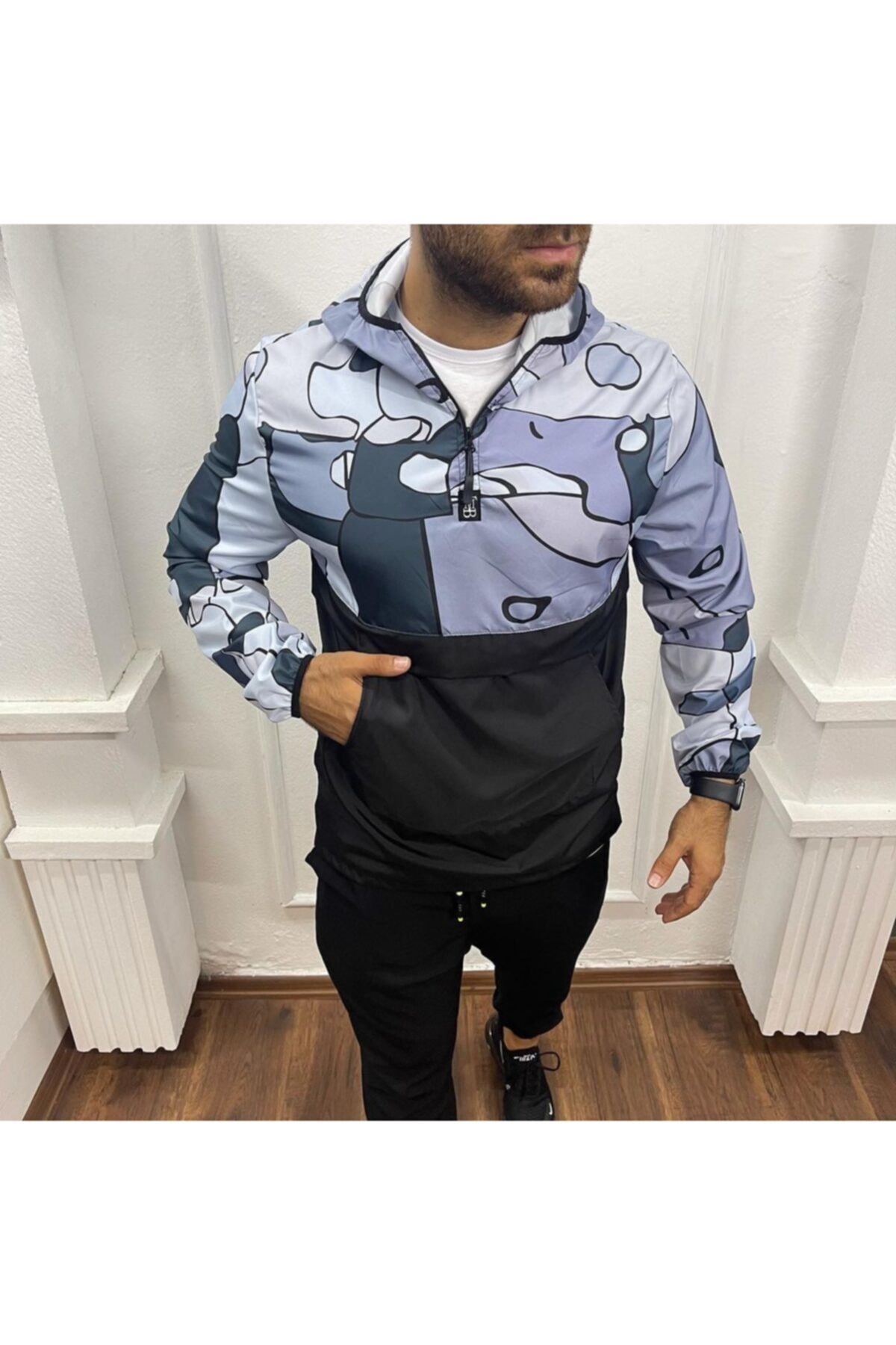 TMB Erkek Desenli Su Ve Rüzgara Dayanıklı Kanguru Cep Yağmurluk