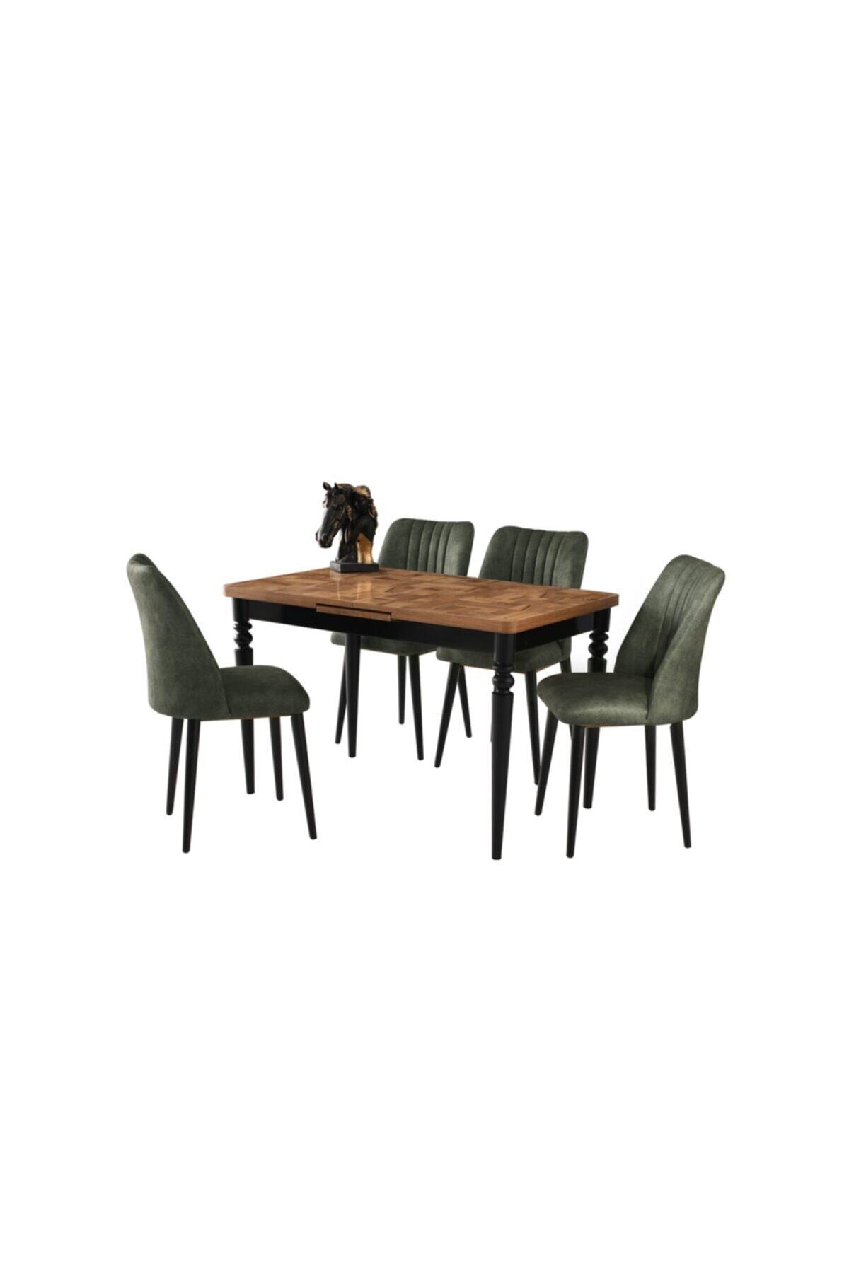 Evistro Ortadan Açılır Ahşap Salon Yemek Masası Parke Desen + 6 Yeşil Sandalye Takım