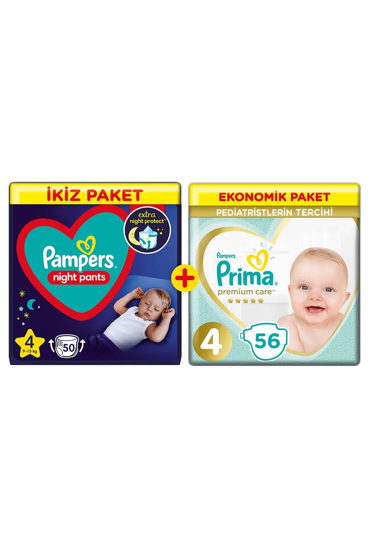 Prima Gece Külot Bezi 4 Beden 50'li + Premium Care 4 Beden 56'lı Maxi Ekonomi Bebek Bezi