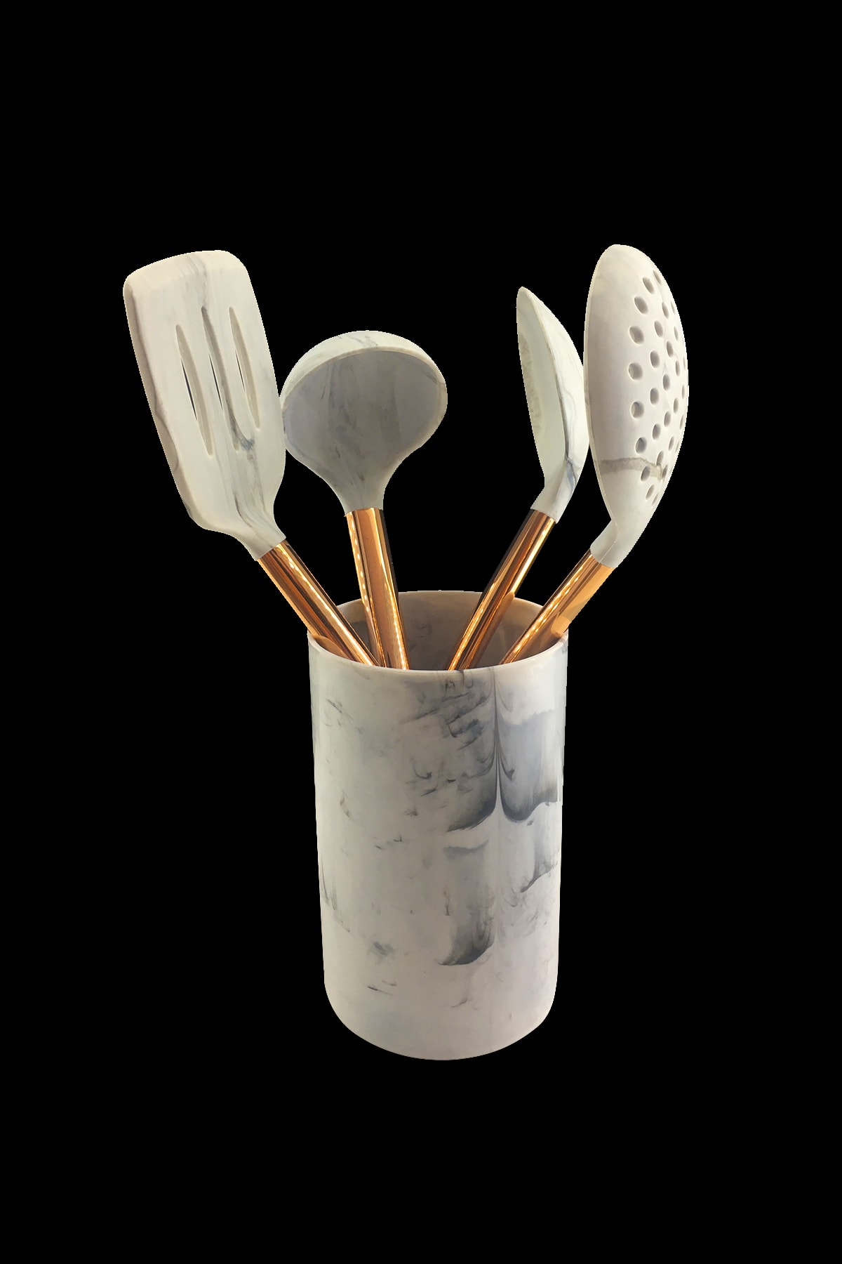 Rimmi Tezgah Üzeri Rose Gold Metal Saplı Beyaz Çizmez Silikon Kaşık Kepçe Kevgir Spatula 4'lü Set