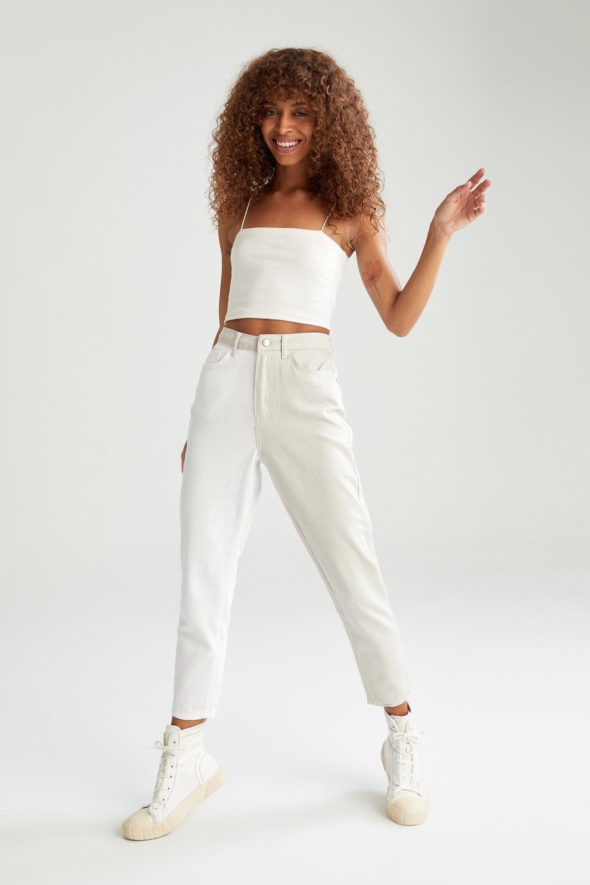 DeFacto Mom Fit Renk Bloklu Dokuma Pantolon