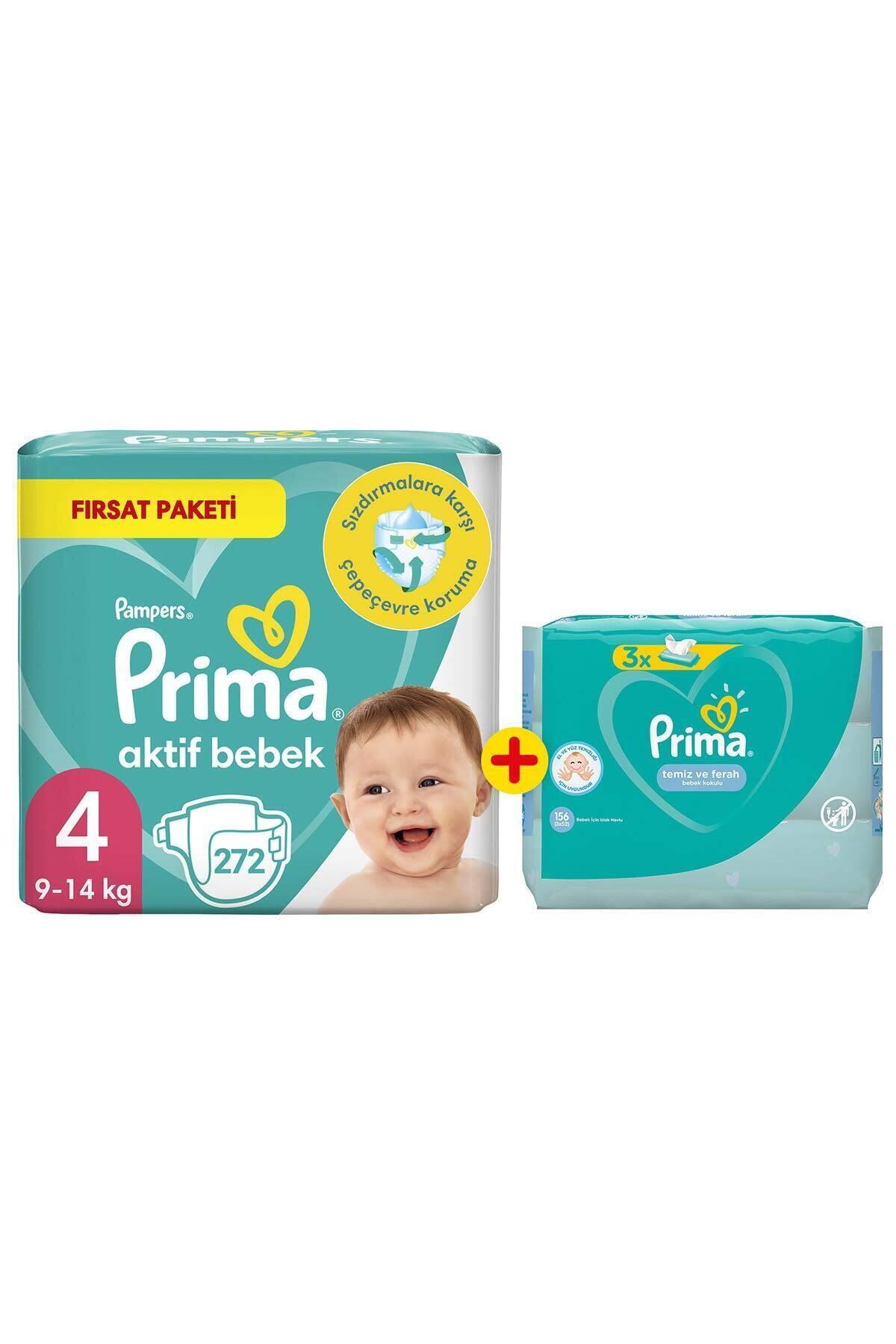 Prima Bebek Bezi Aktif Bebek 4 Beden 272'li 2 Aylık Fırsat Paket + Temiz ve Ferah Islak Havlu 156'lı