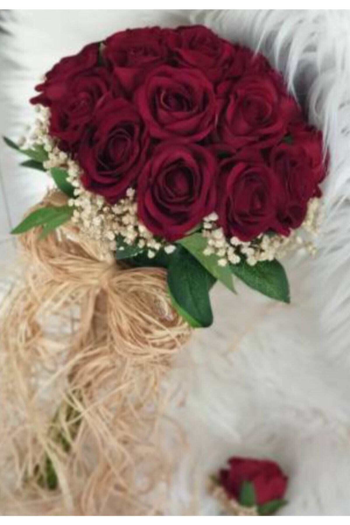 Merveparti Kadife Bordo Güllü Ve Cipsolu Gelin Çiçeği Ve Damat Yaka Çiçeği Seti.gelin Buketi