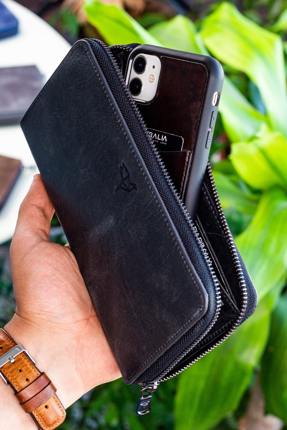 Garbalia Unisex Antrasit Siyah Deri Telefon Bölmeli Mıknatıslı Portföy Cüzdan