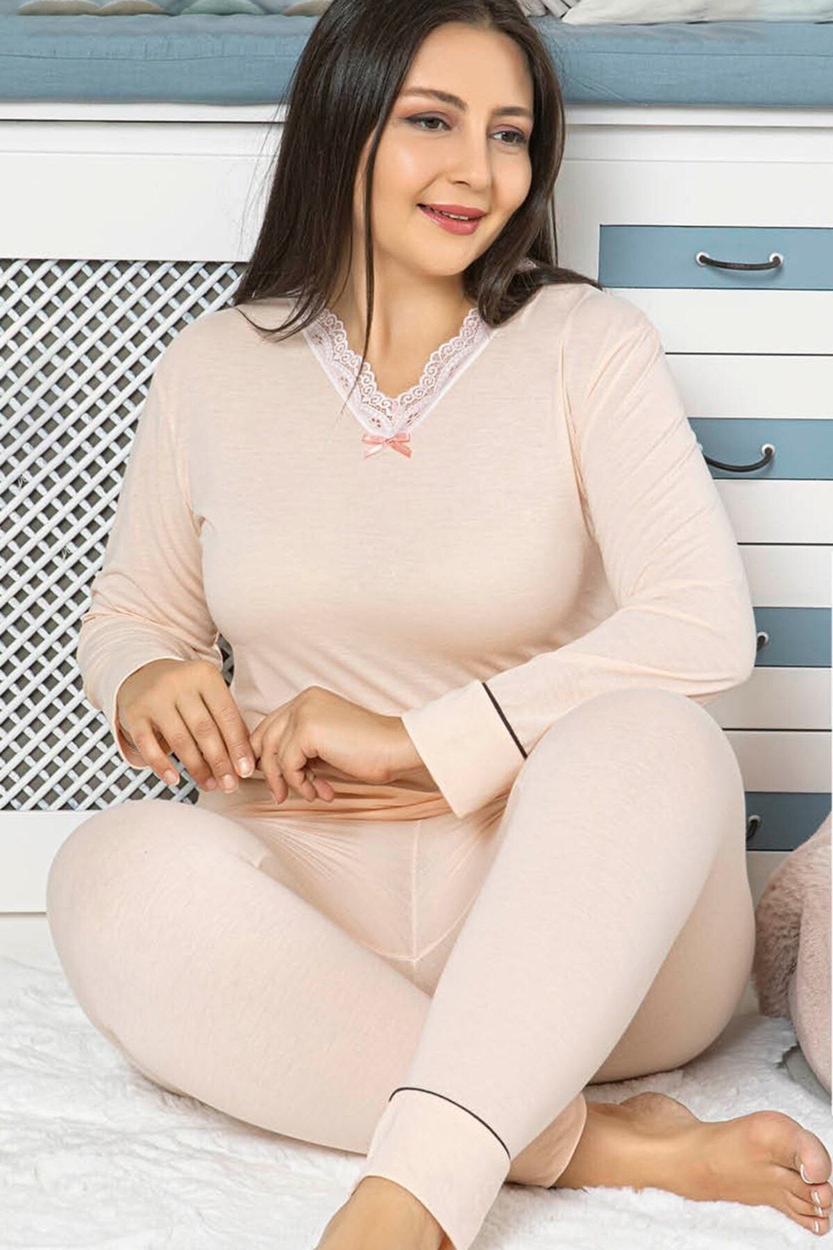 quilling Krem Renk Büyük Beden Pijama Takımı - Jenika 42035 Uzun Kol Battal Pijama Takımı