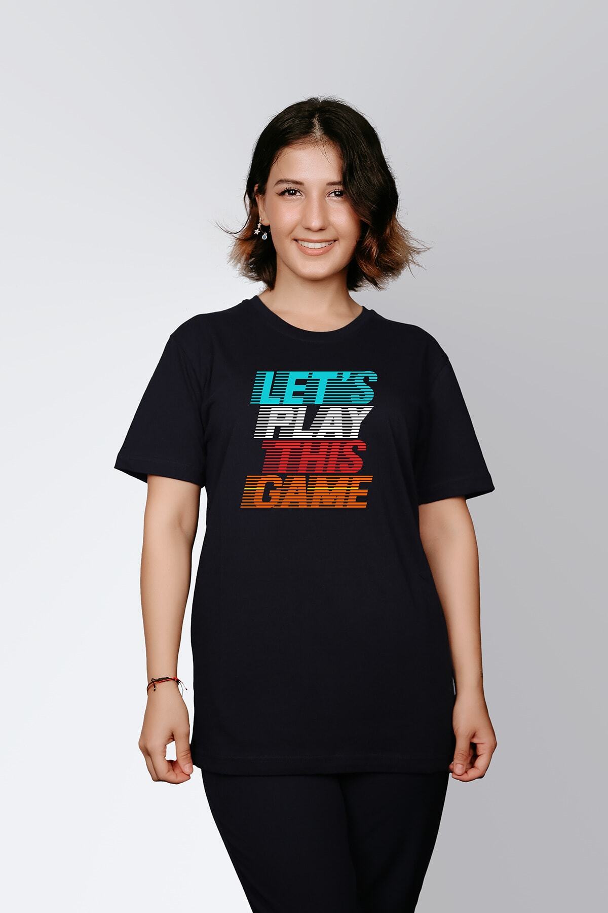 ErTaPassage Kadın Siyah Lets Play Yazılı Baskılı Oversize T-shirt T7293212