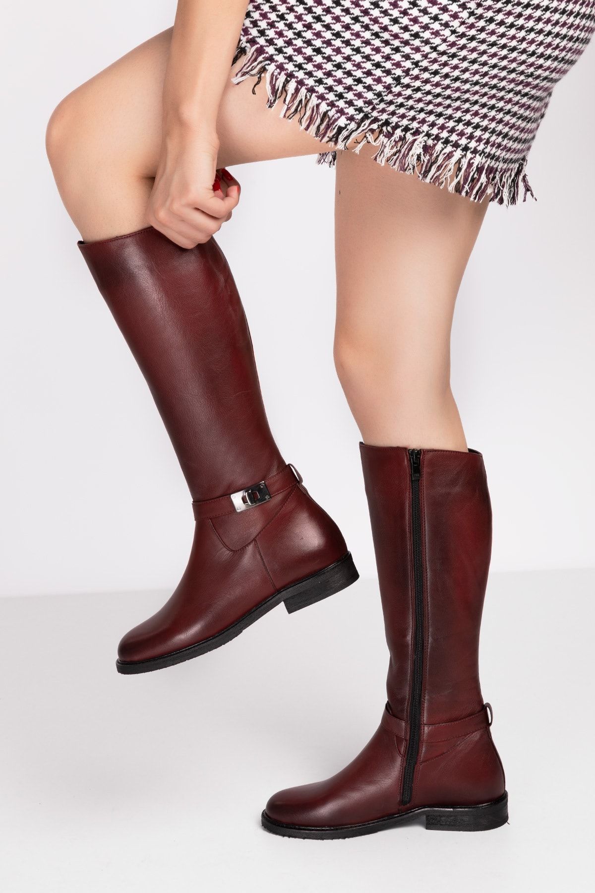 Elile Shoes Bordo Hakiki Deri Büyük Numara Kadın Çizme