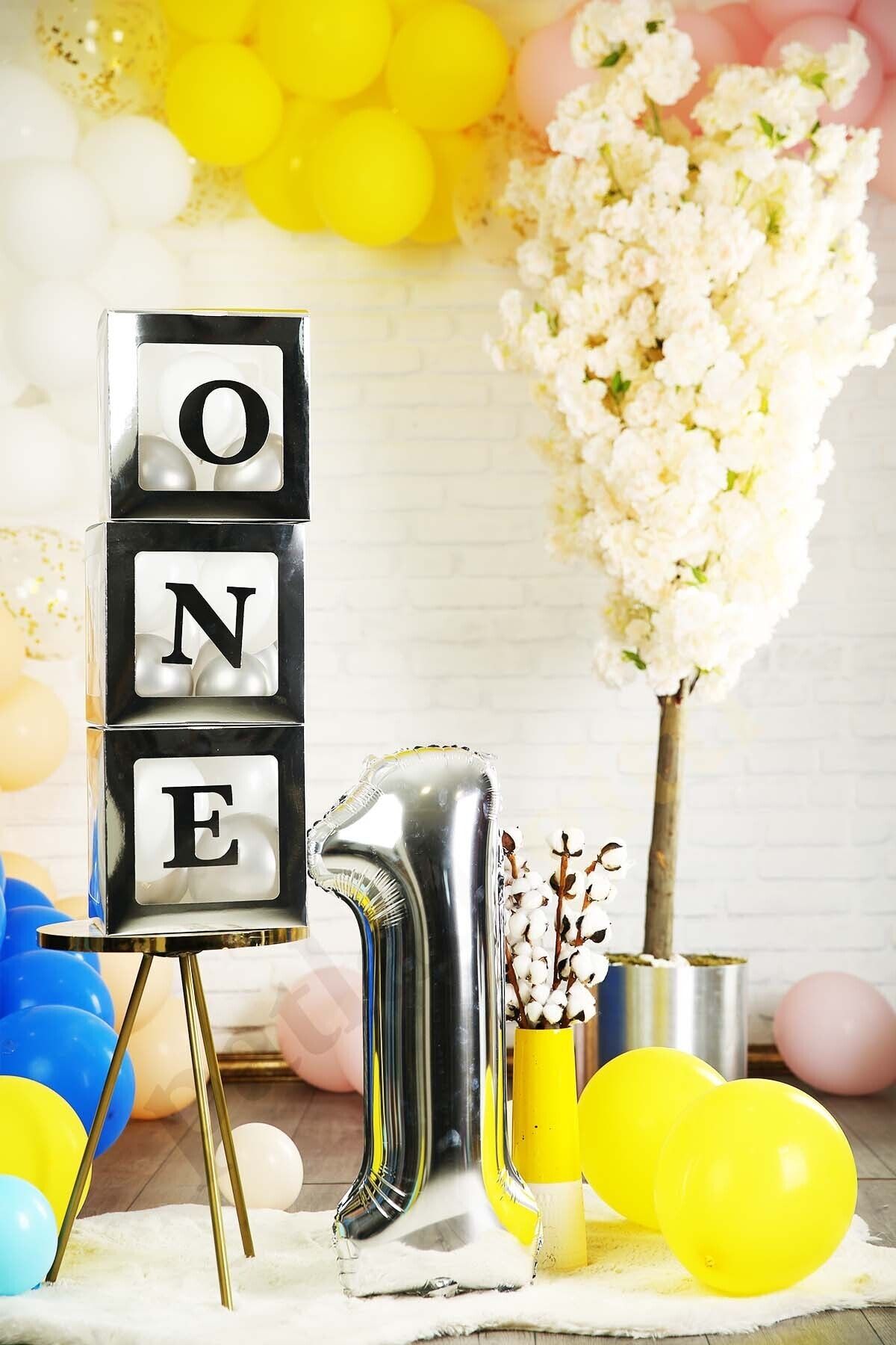 Patladı Gitti One Yazılı Gümüş Kutu Ve Balon Seti Bebek 1 Yaş Doğum Günü Kutlama