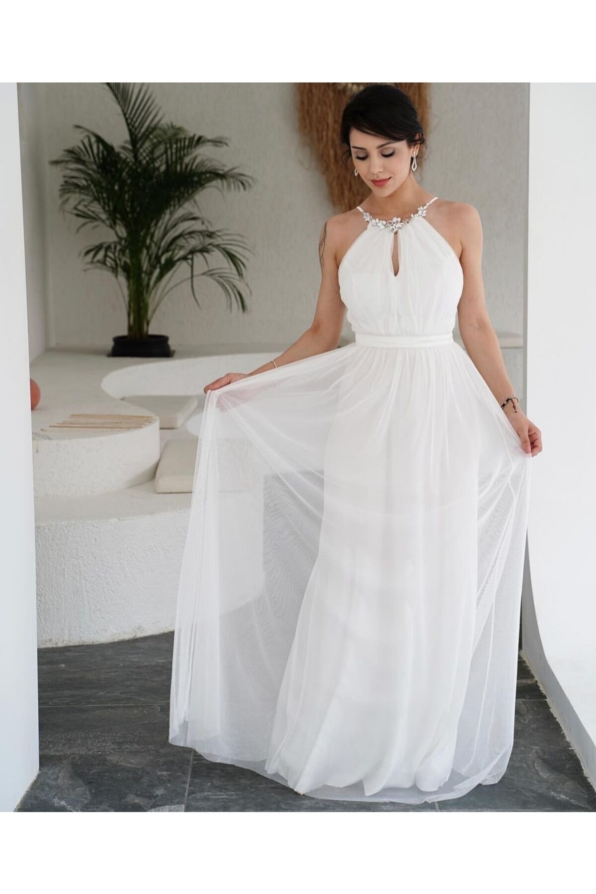 Elbisen Burada Taş Detay Beyaz Nikah Elbisesi