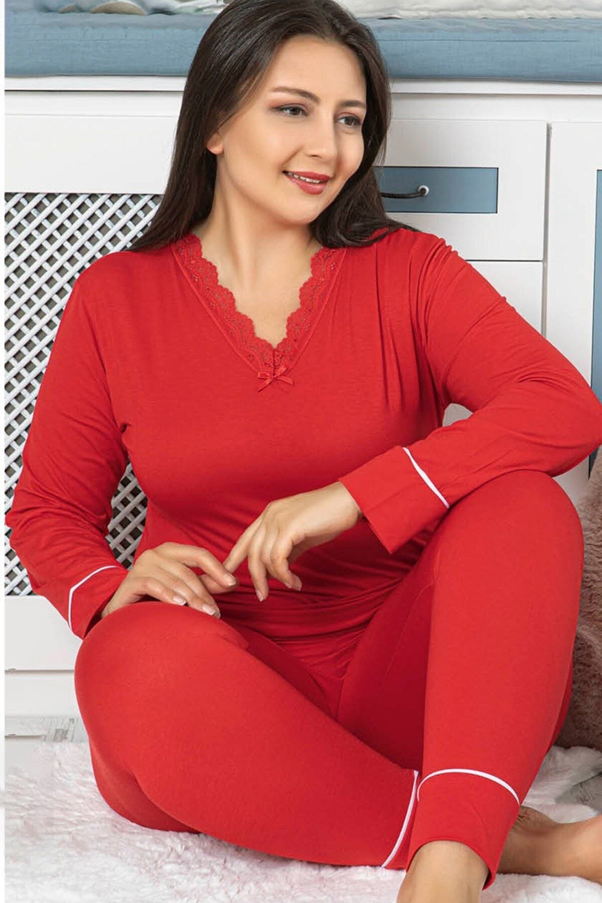 quilling Kırmızı Renk Büyük Beden Pijama Takımı - Jenika 42044 Uzun Kol Battal Pijama Takımı