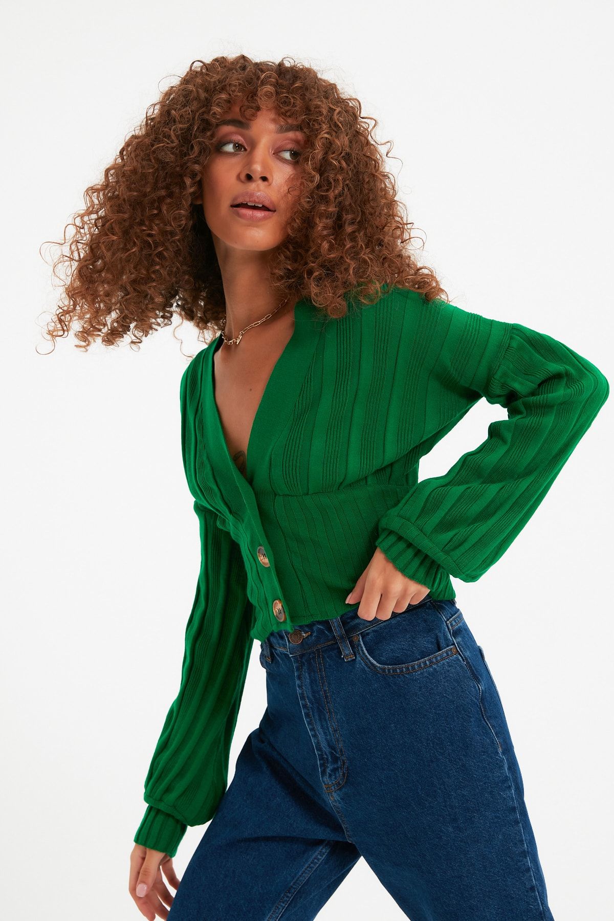 TRENDYOLMİLLA Yeşil Crop Triko Hırka TWOAW22HI0822