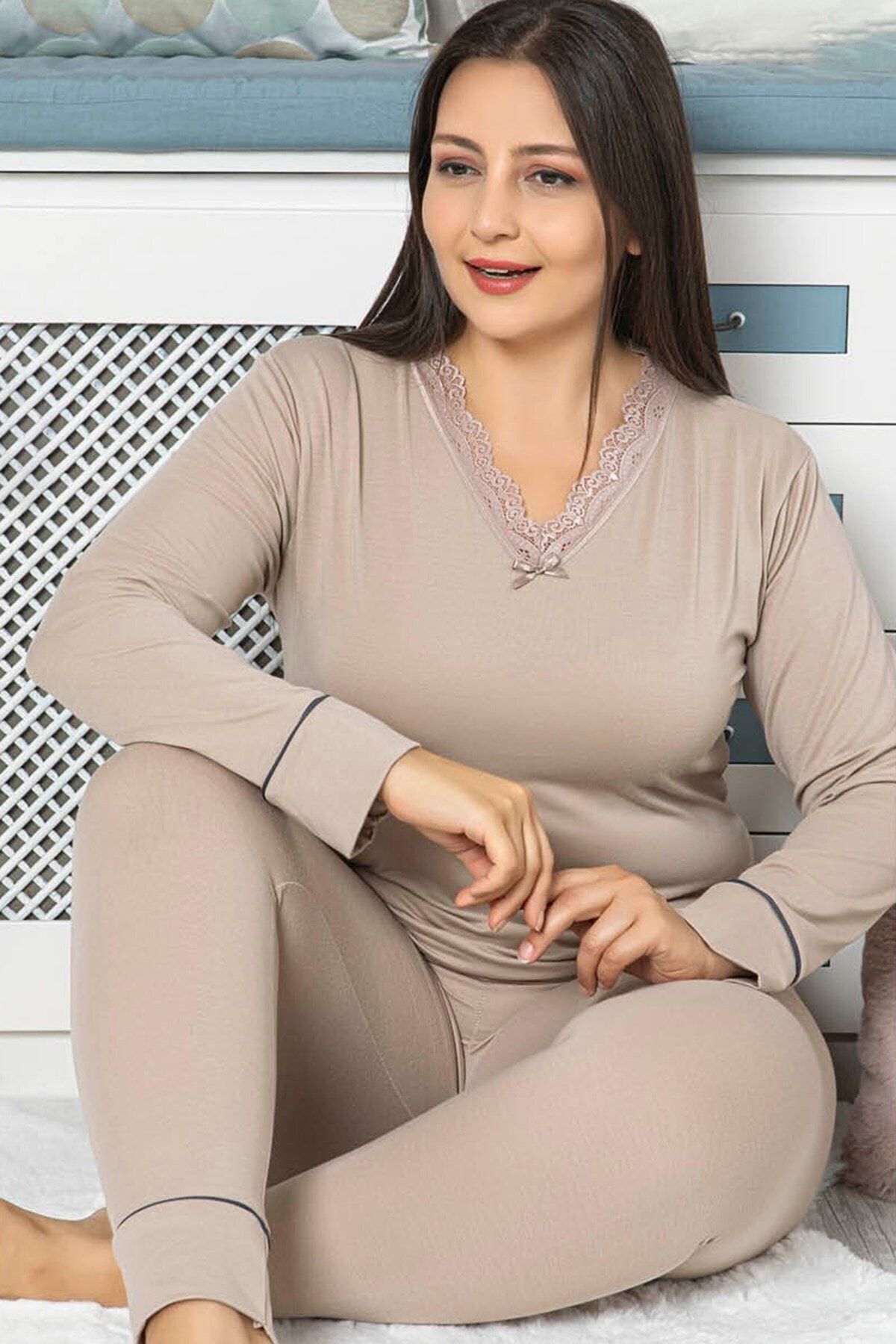 quilling Bej Renk Büyük Beden Pijama Takımı - Jenika 42054 Uzun Kol Battal Pijama Takımı