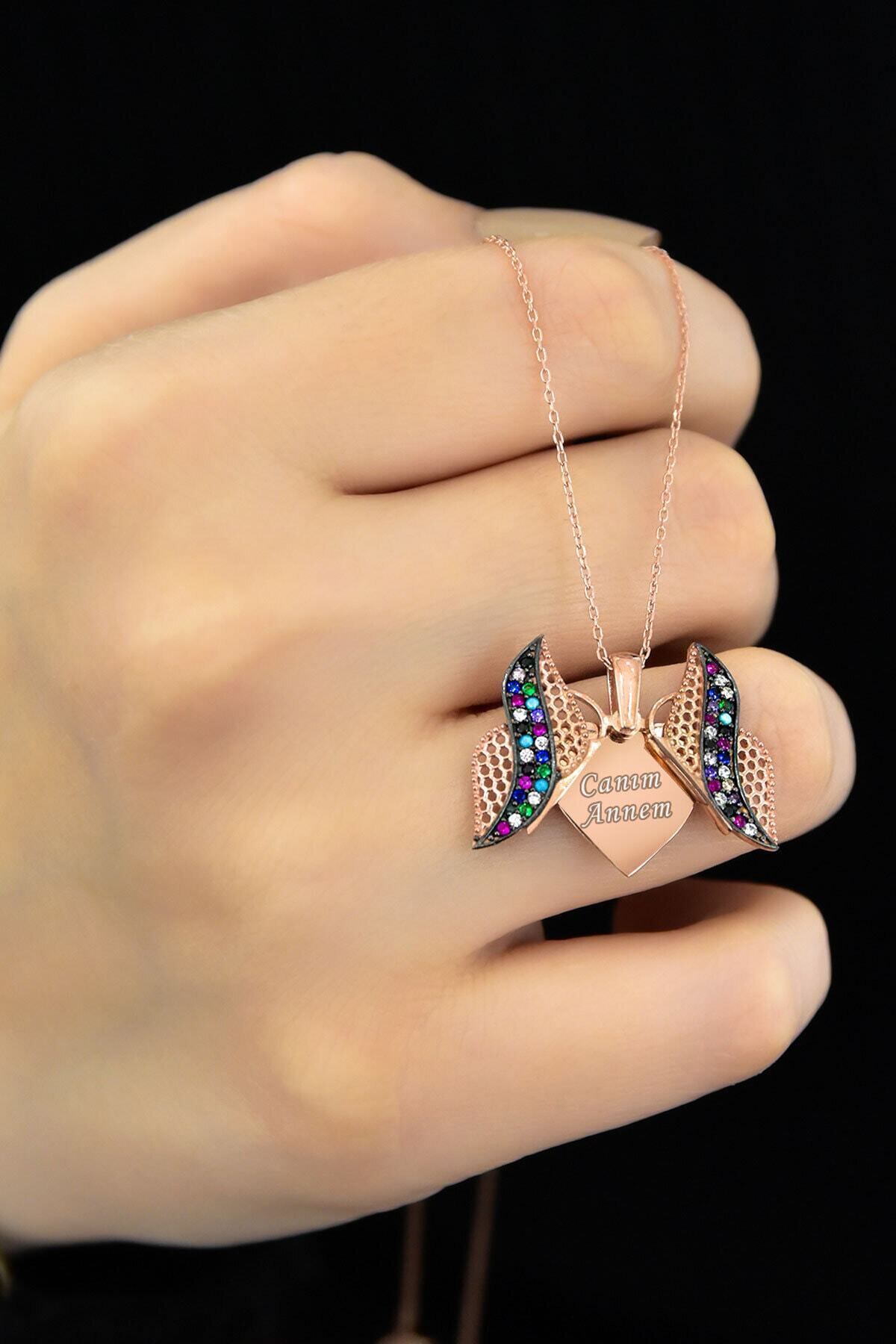 Elika Silver Kadın Rose Kaplama Canım Annem Yazılı Kelebek Model 925 Ayar Gümüş Kolye