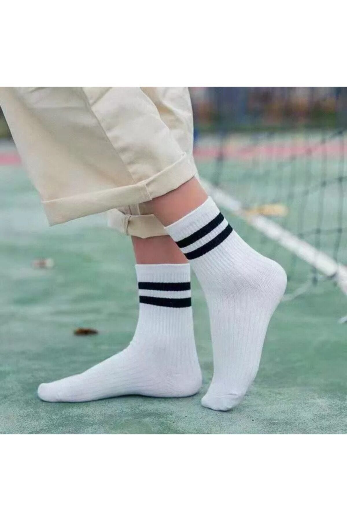 çorapkolik 3'lü Erkek Siyah Çizgili Beyaz Pamuklu Tenis Kolej Çorap